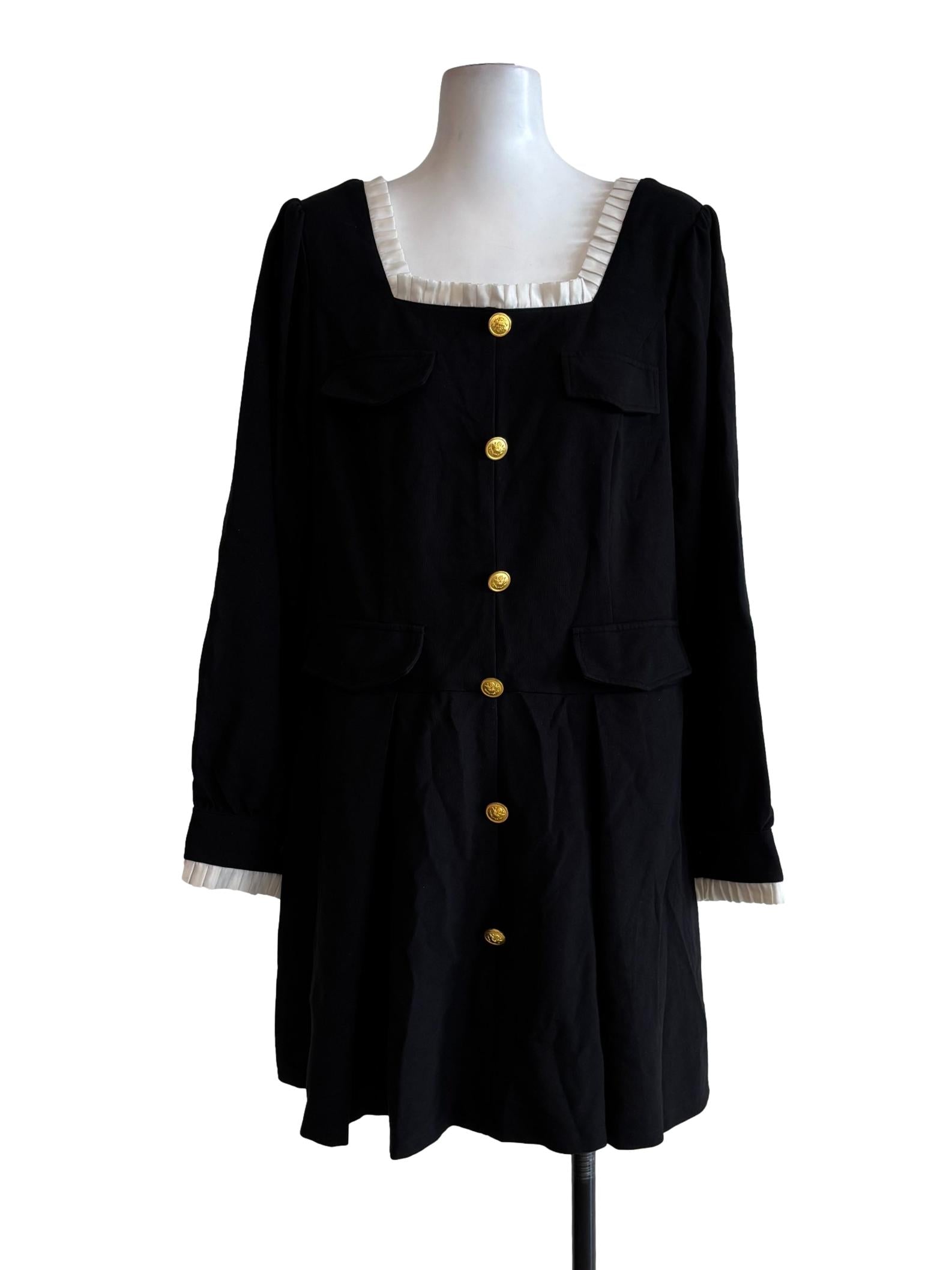 Black Gold Button Square Neck Dress