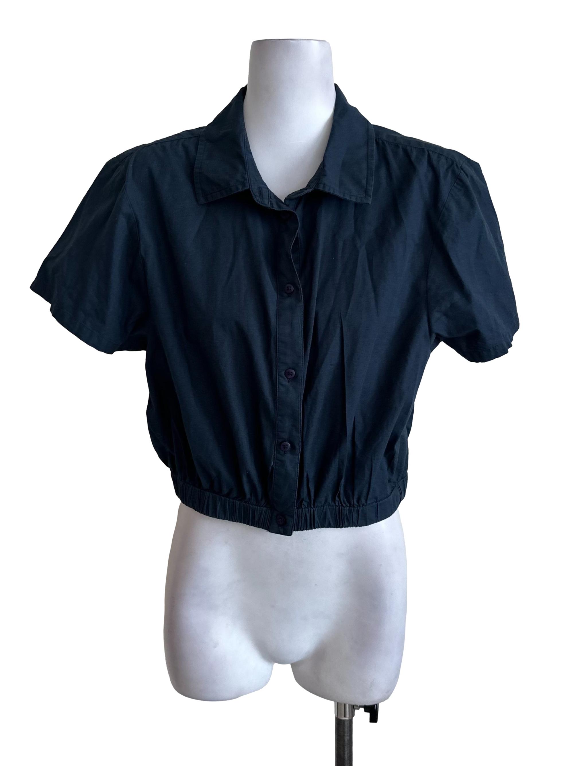 Midnight Blue Collar Button Top