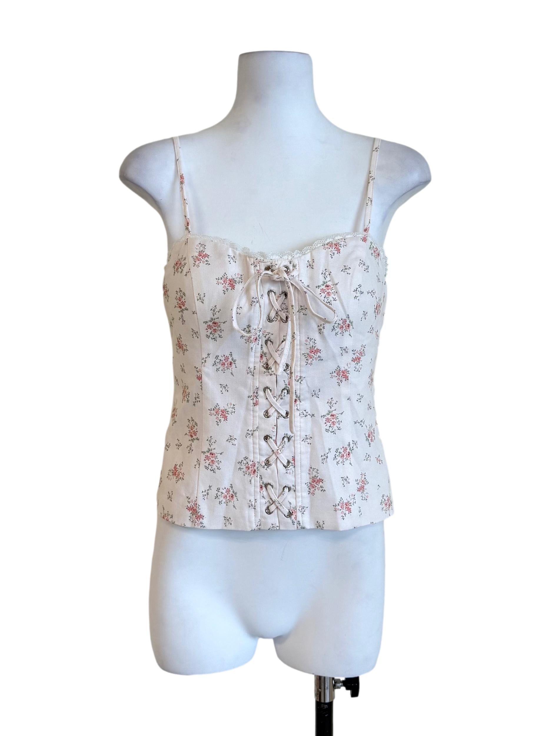 Rice White Floral Lace Up Camisole