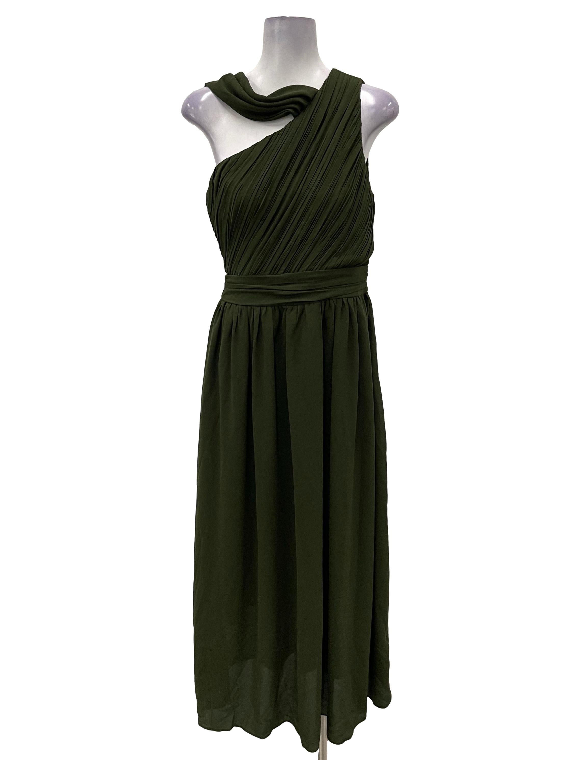 Army Green One Shoulder Pleated Maxi Gown