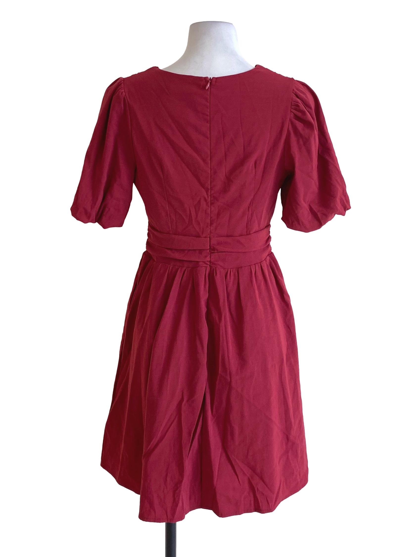 Brick Red V-Neck Double Closure Bust A-Line Dress