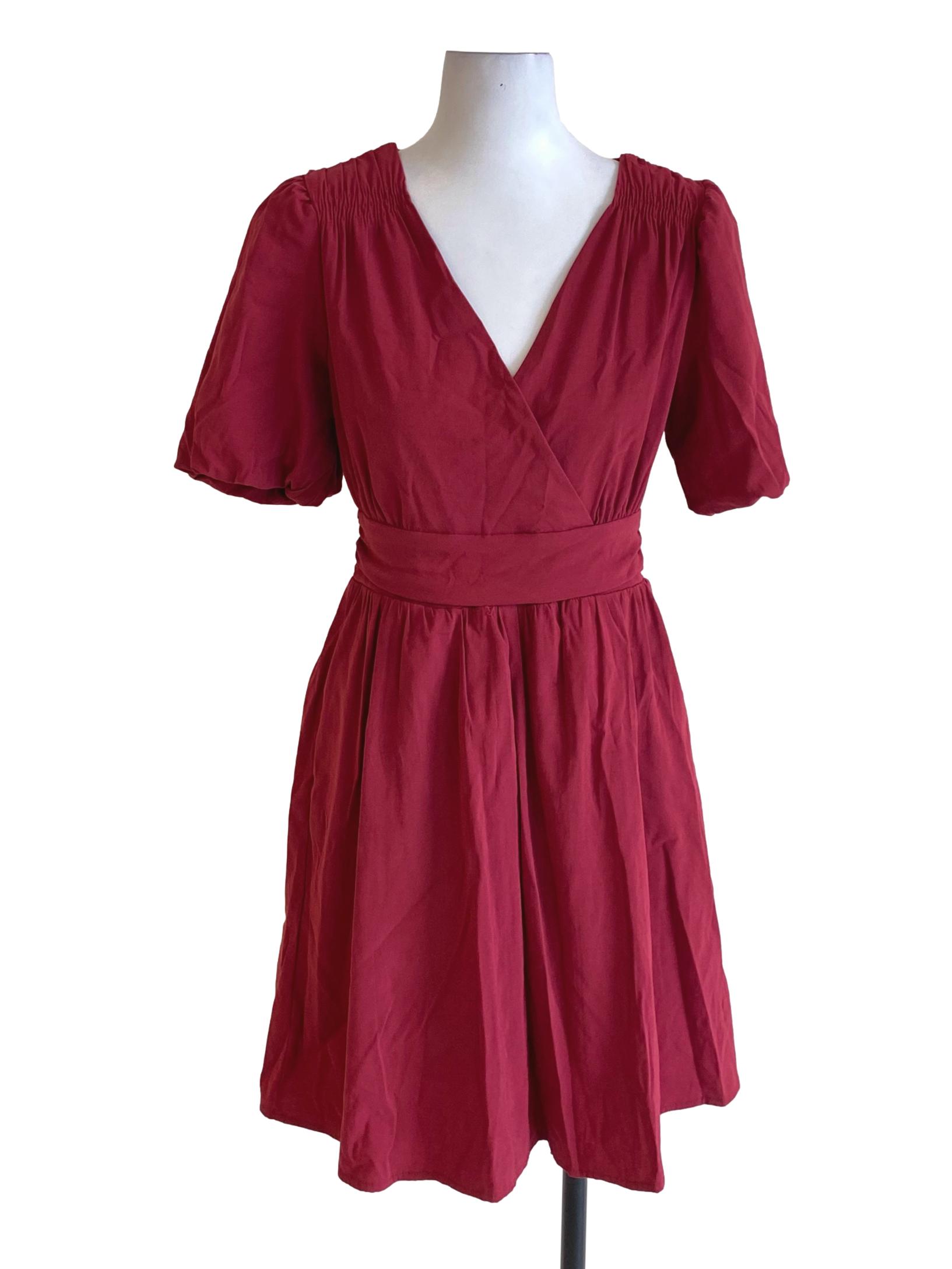 Brick Red V-Neck Double Closure Bust A-Line Dress