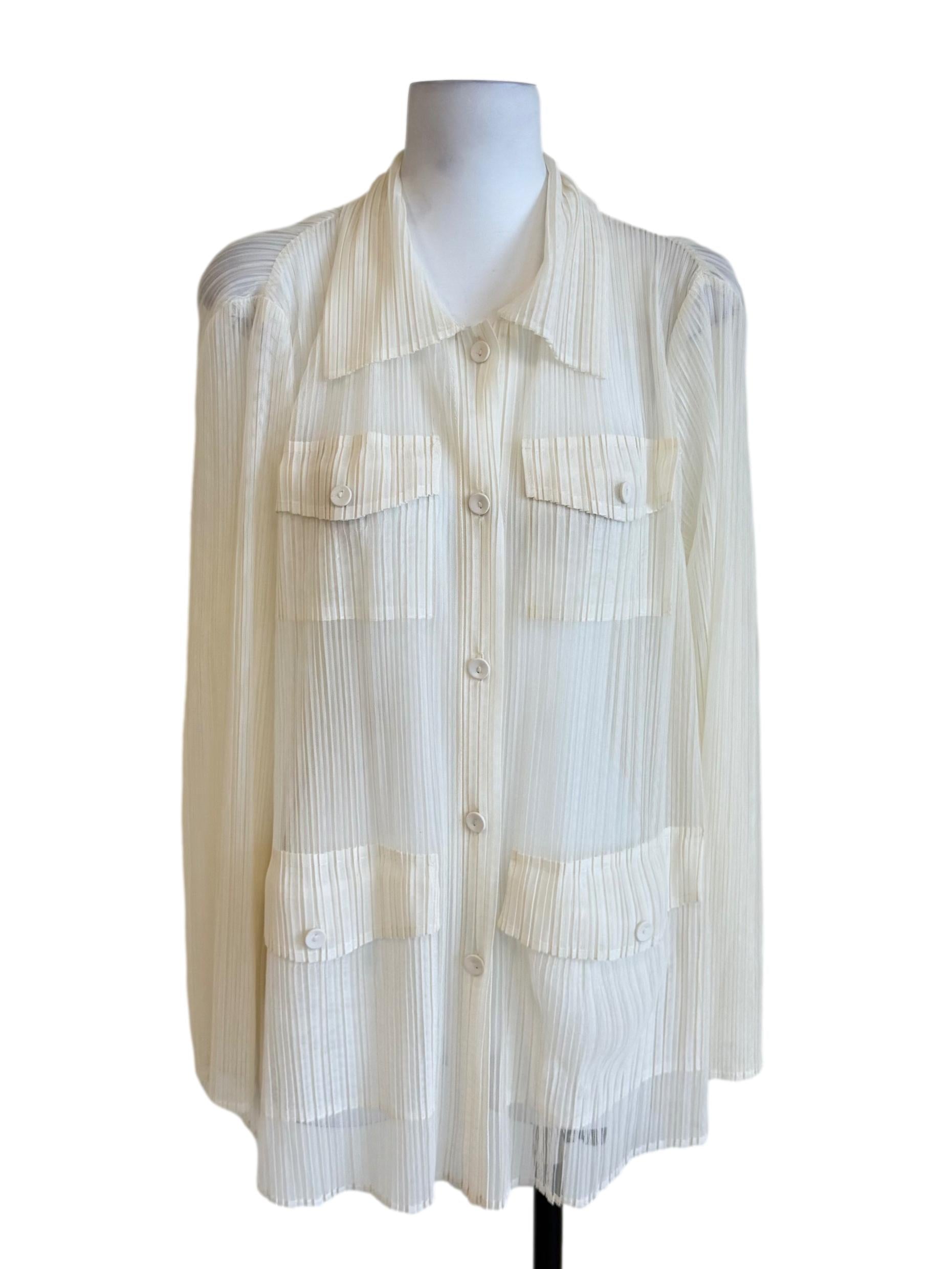 Cream White Accordion Mesh Sheer Shirt LB