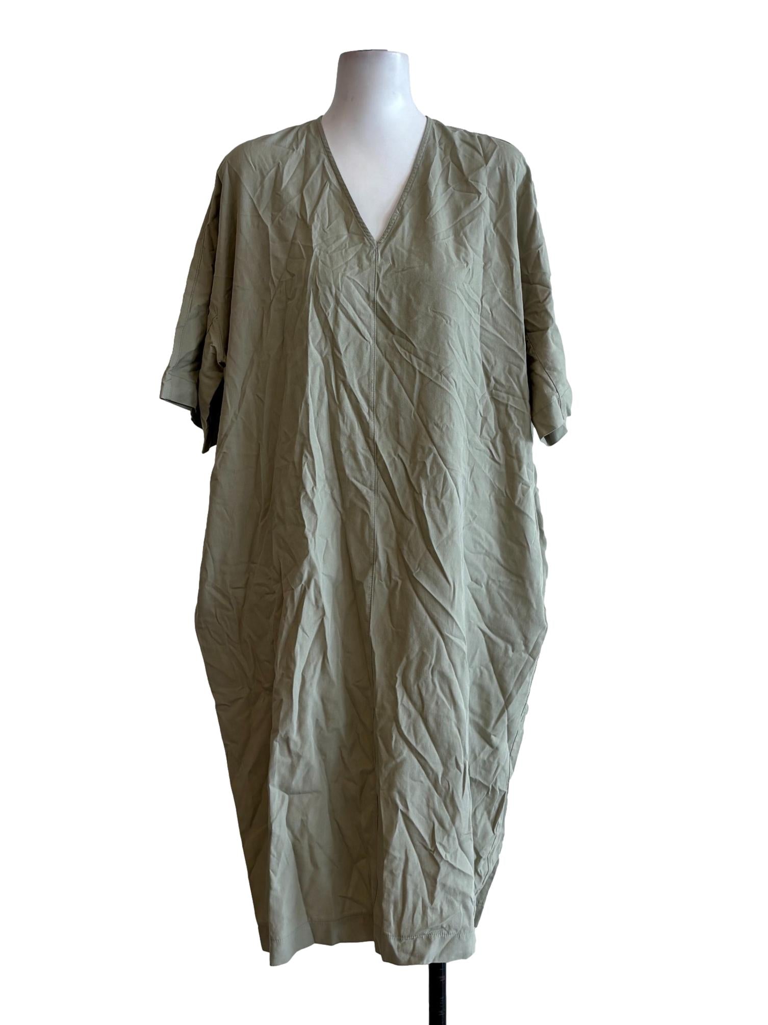 Sage Green V-Neck Cotton Straight Dress