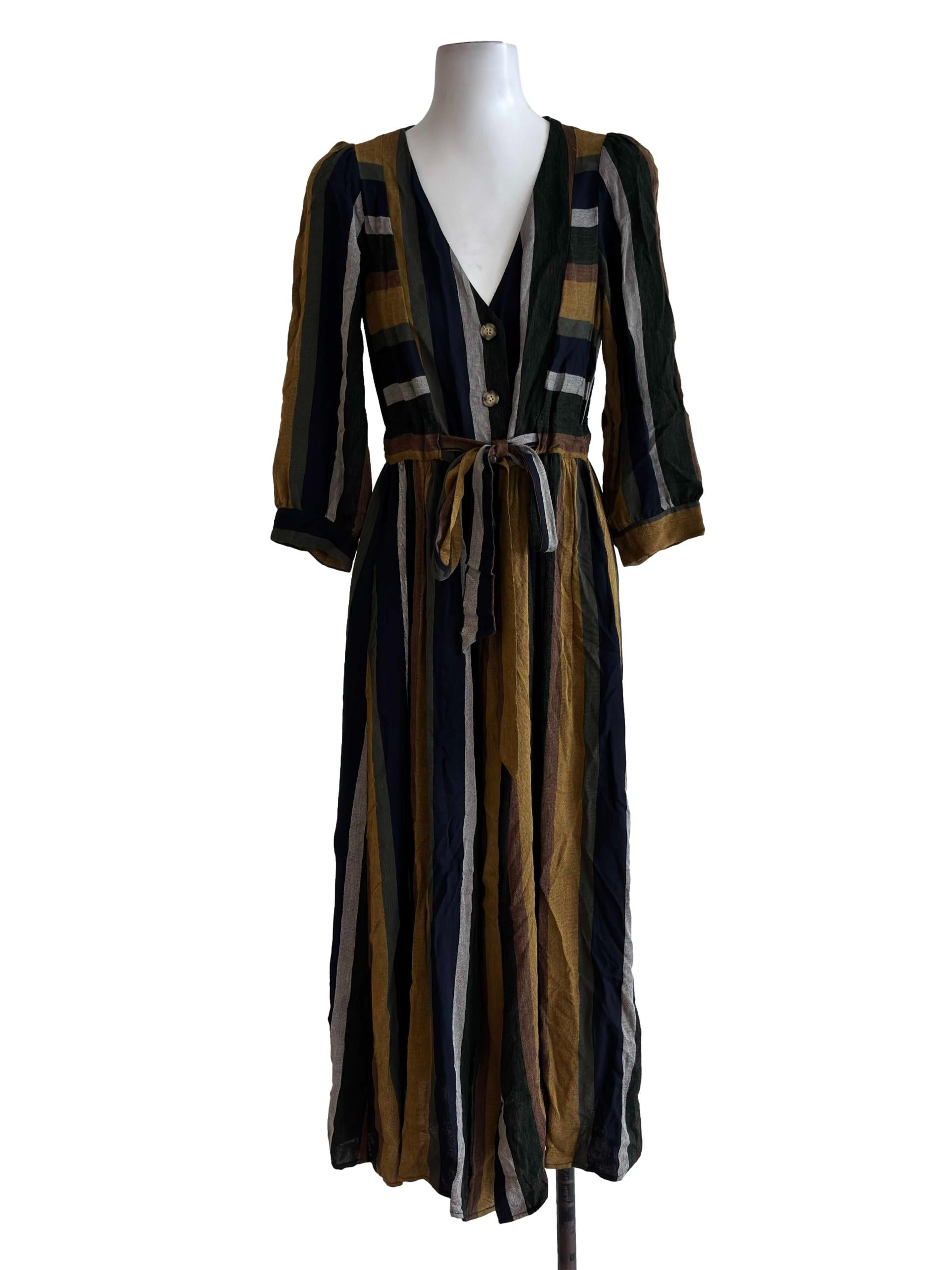 Multicolor Stripes Belted Button Front Dress