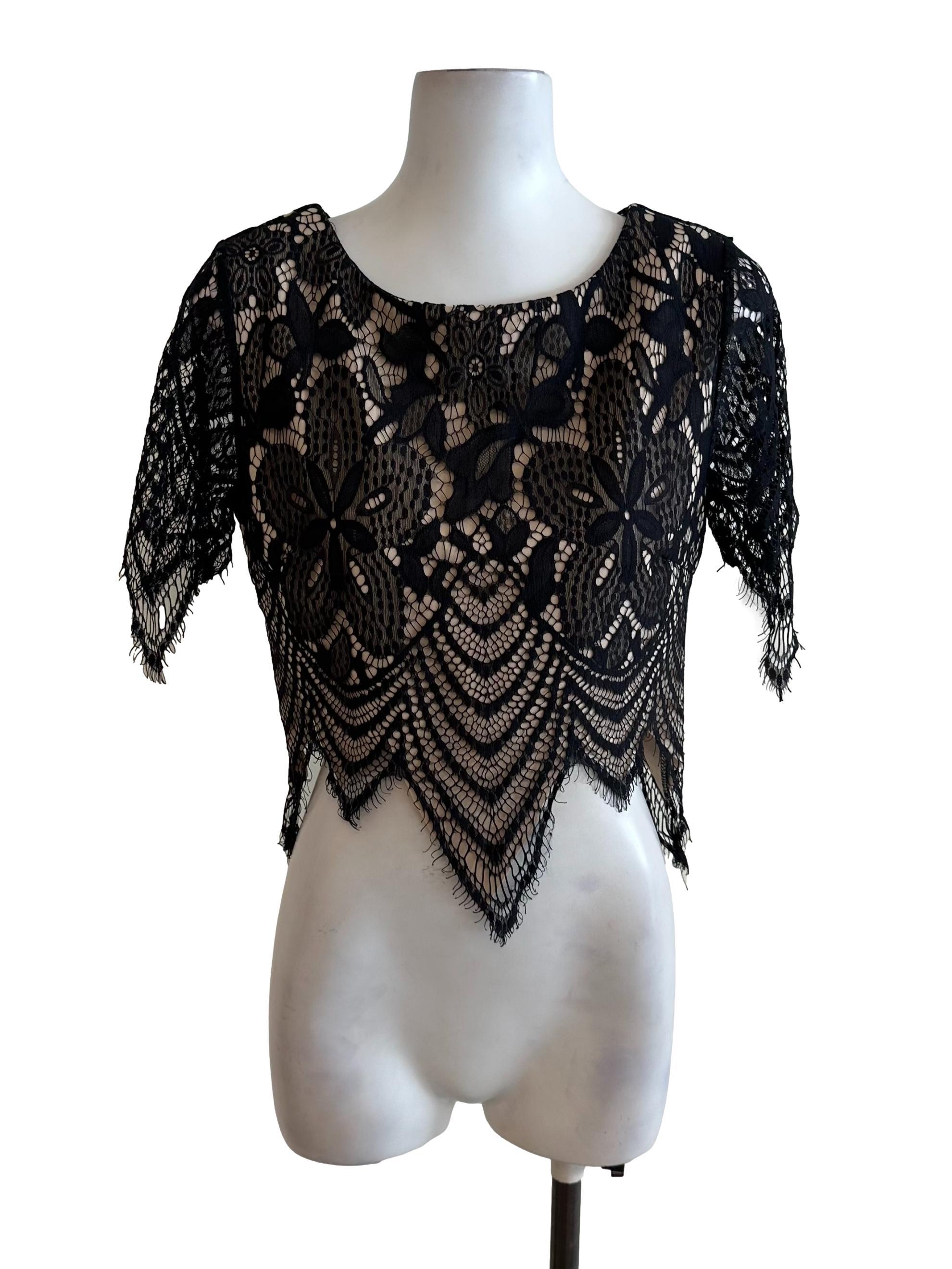 Black Beige Lace Round Neck Top