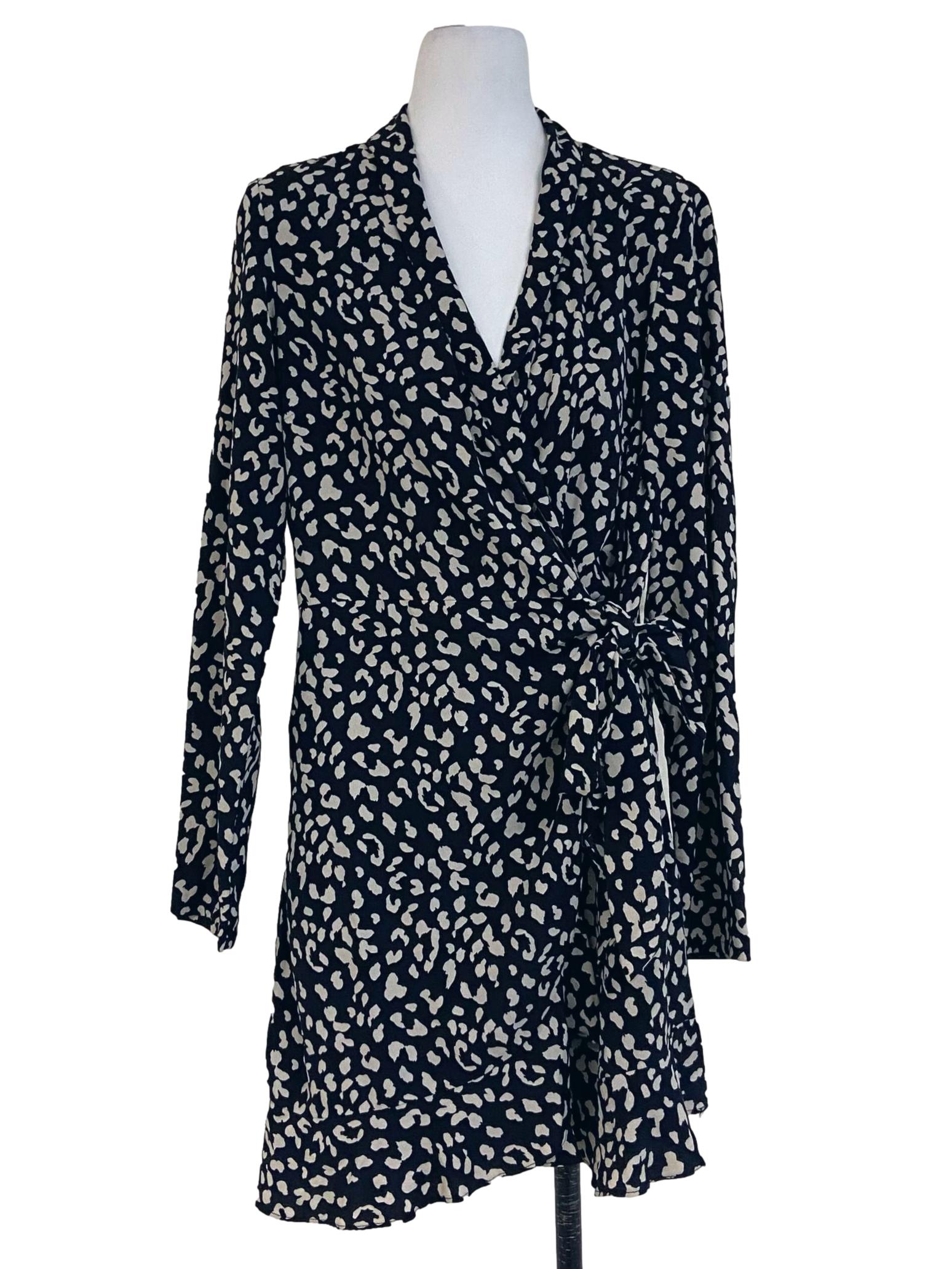 Black & Beige Dot Wrap Ruffled Romper