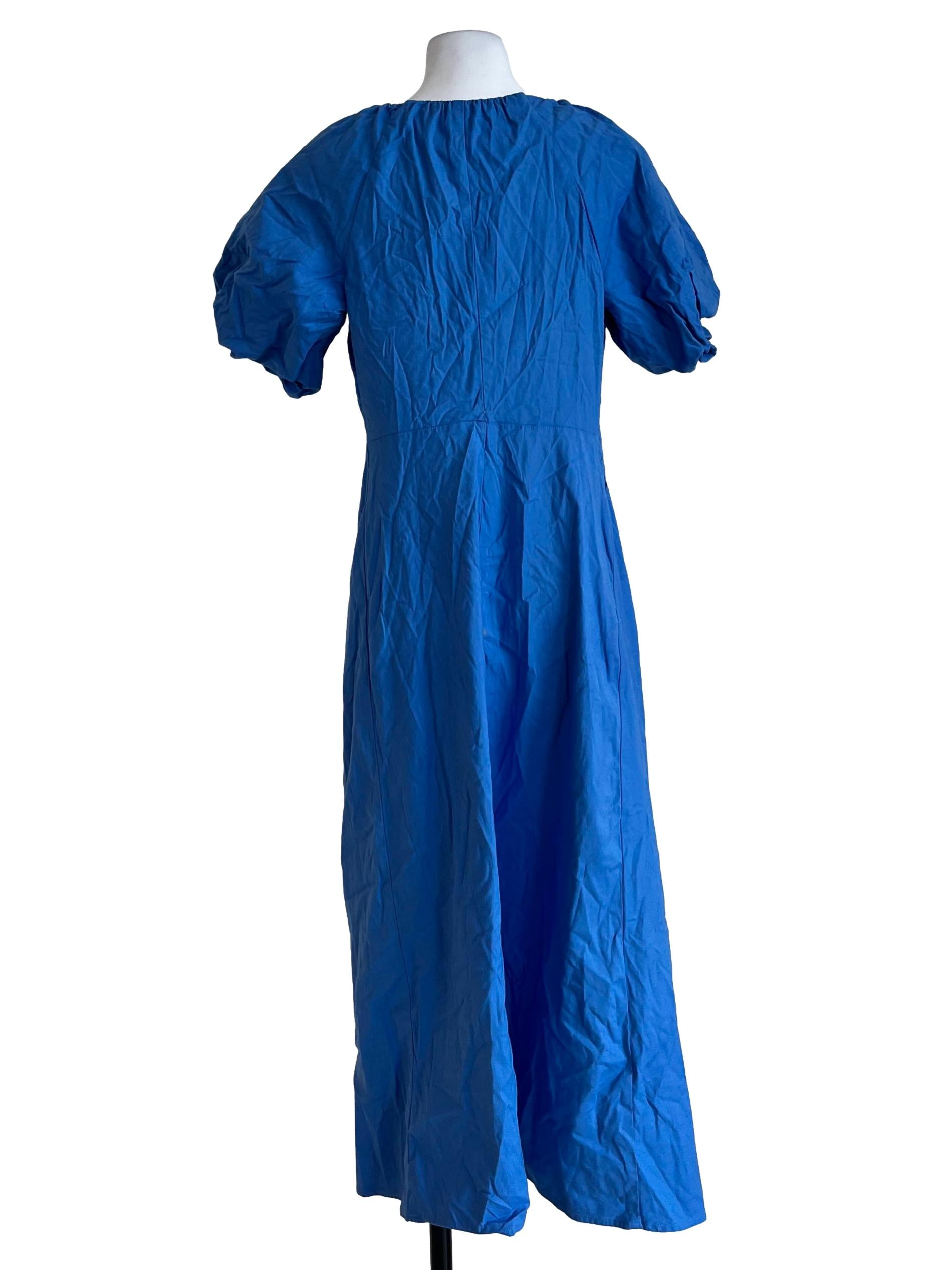 Blue Plain Short Sleeves Dress