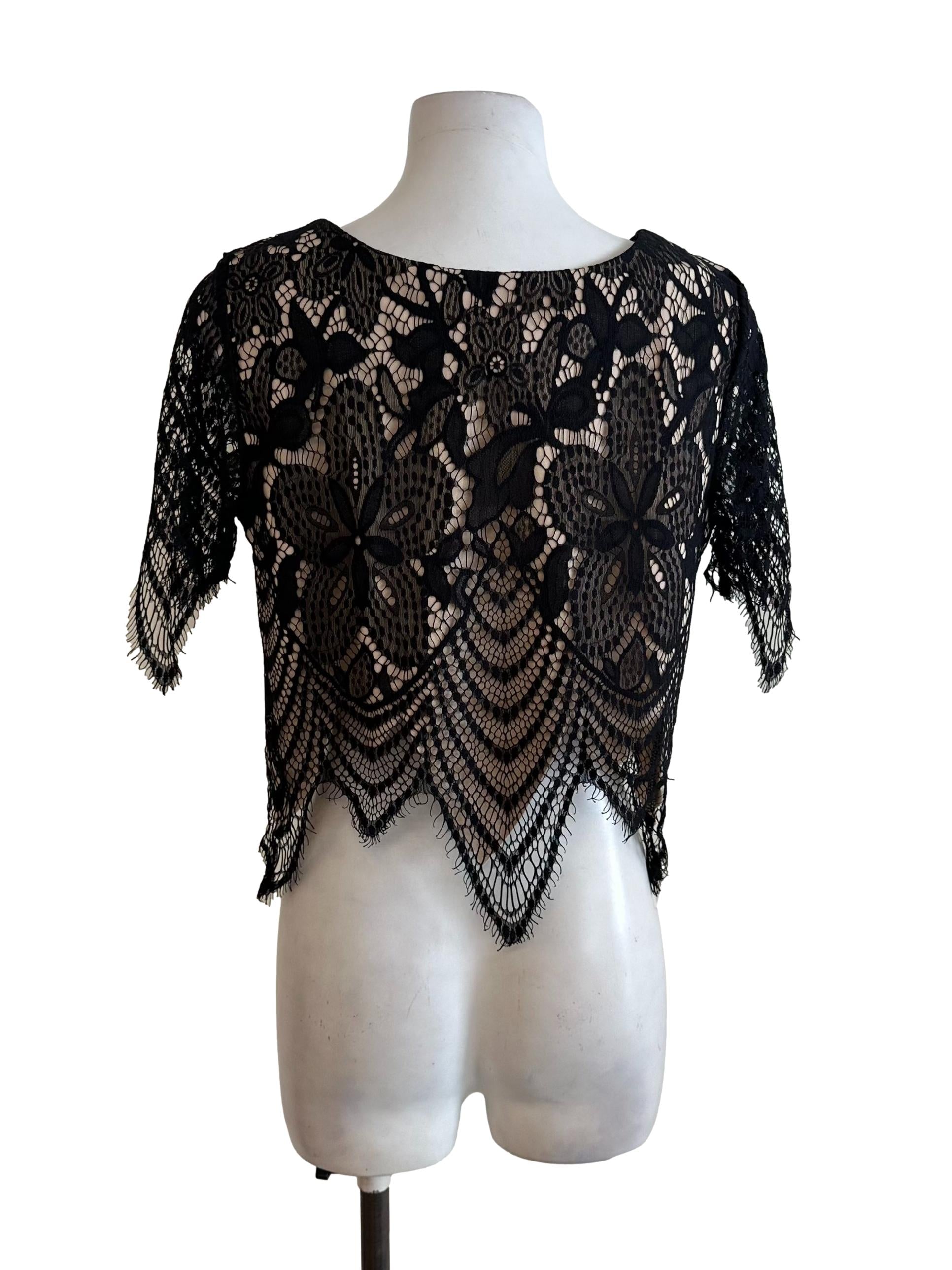 Black Beige Lace Round Neck Top