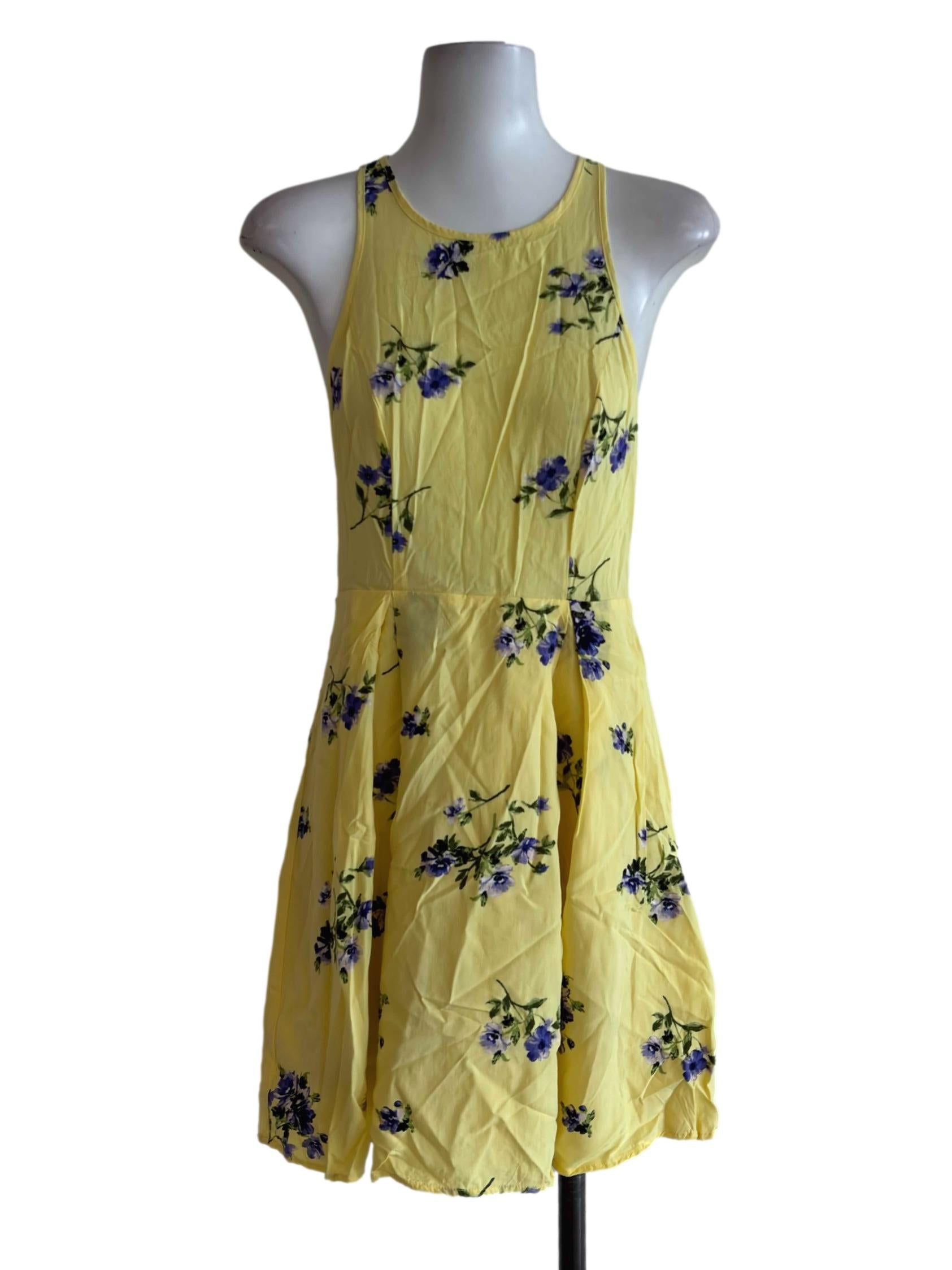 Bright Yellow Floral Print Halter Mini Dress