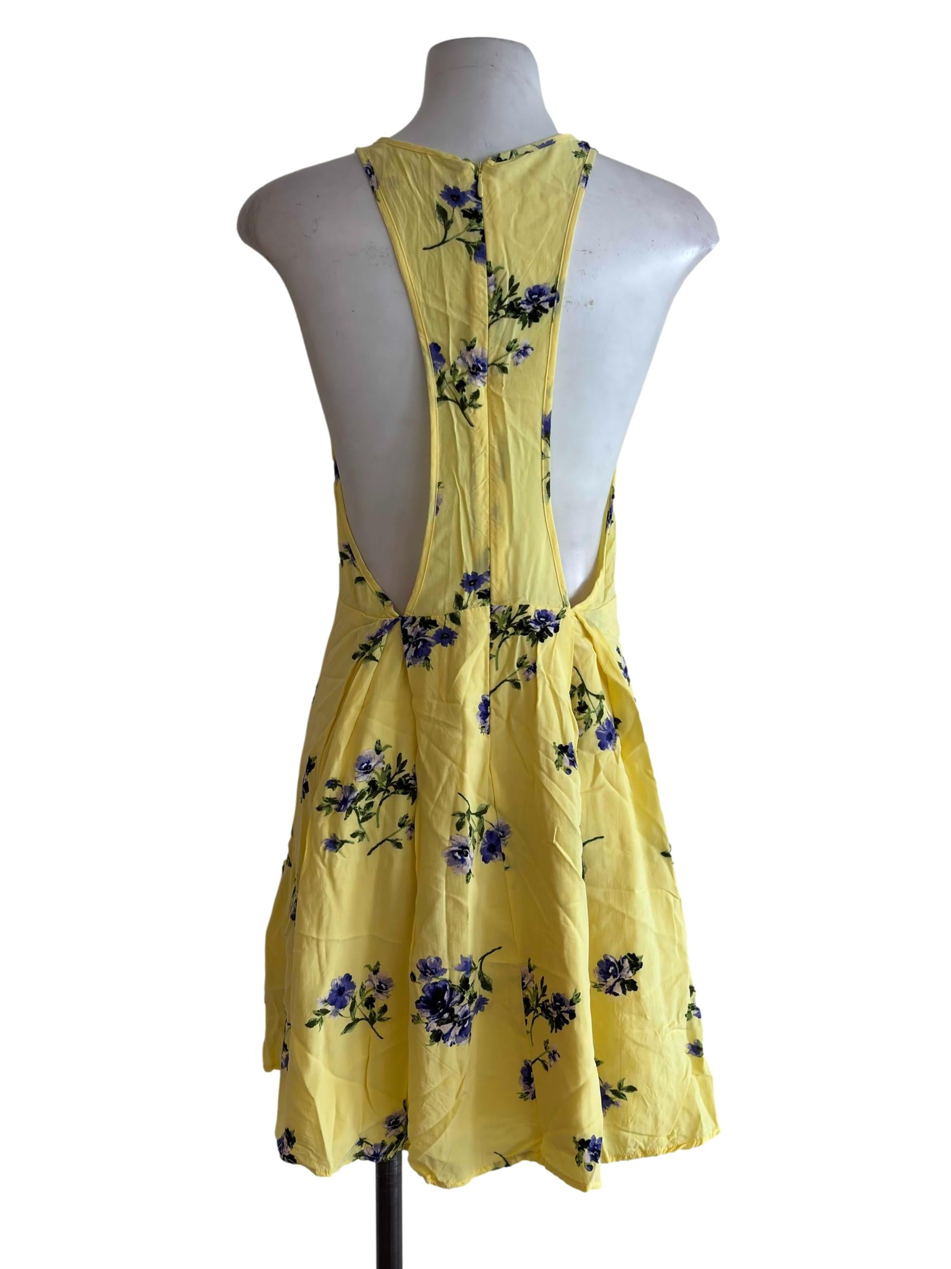 Bright Yellow Floral Print Halter Mini Dress