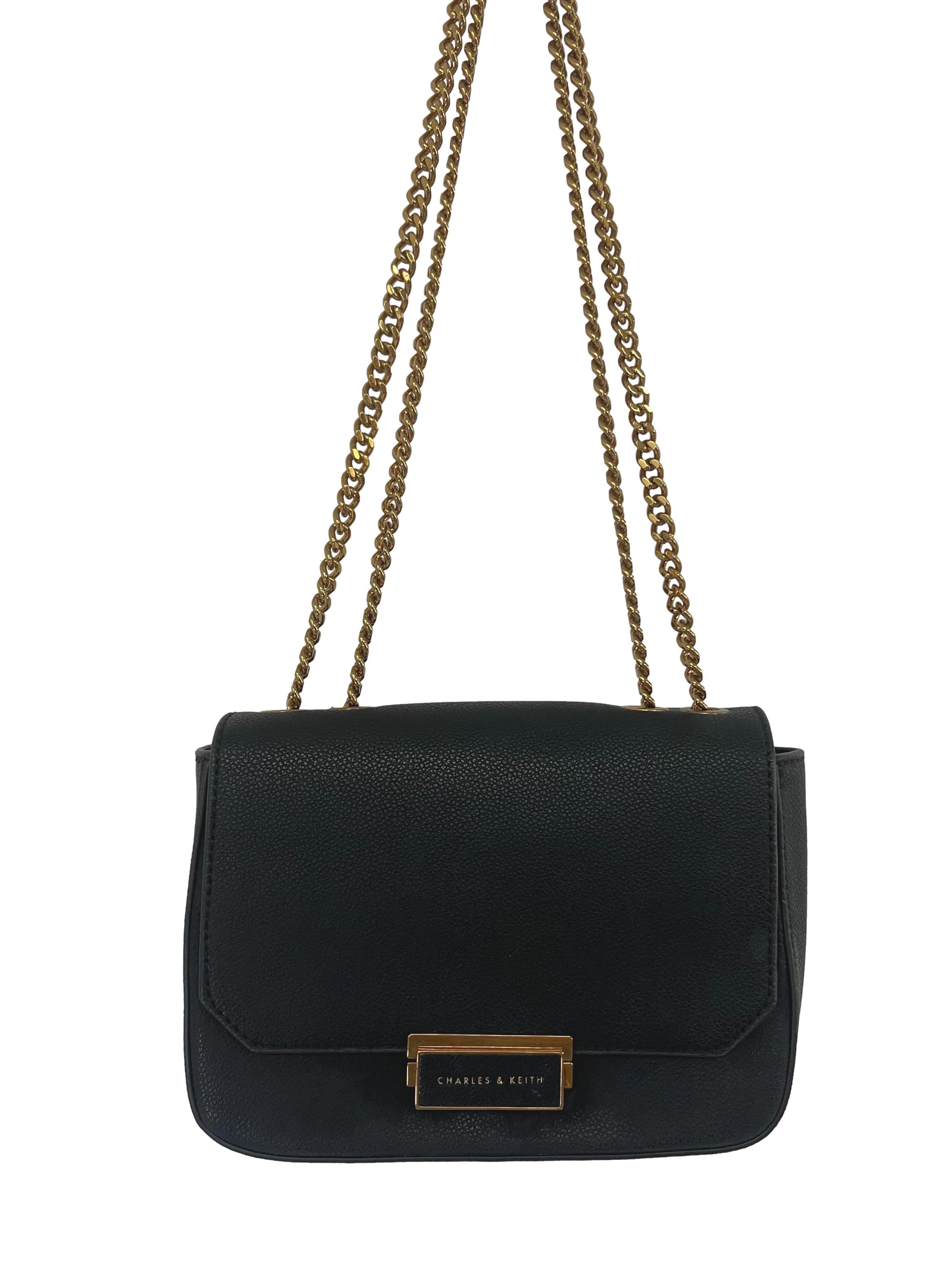 Black Push-Lock Chain Hand Bag