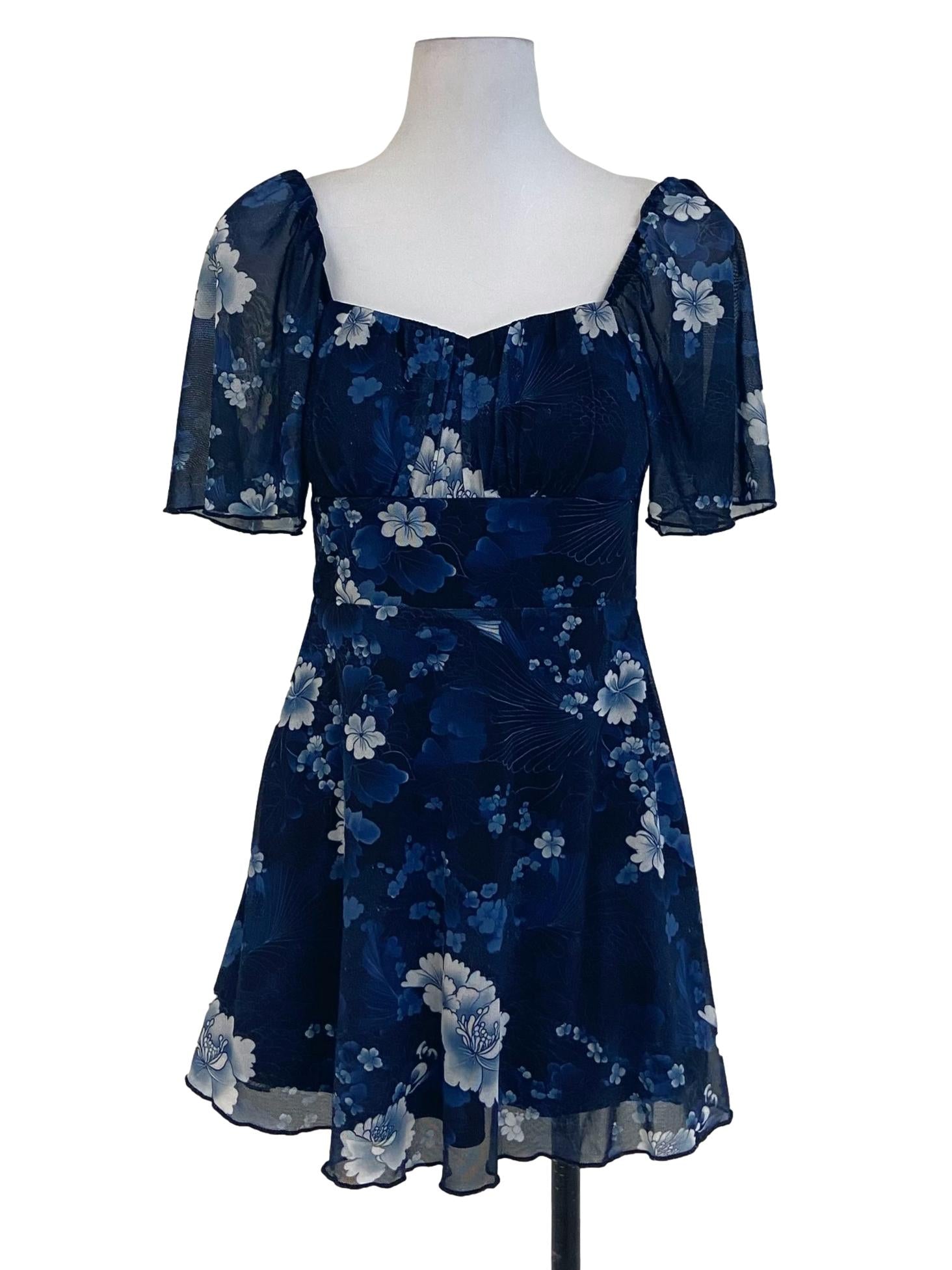 Navy Blue & Floral Mini A-Line Dress
