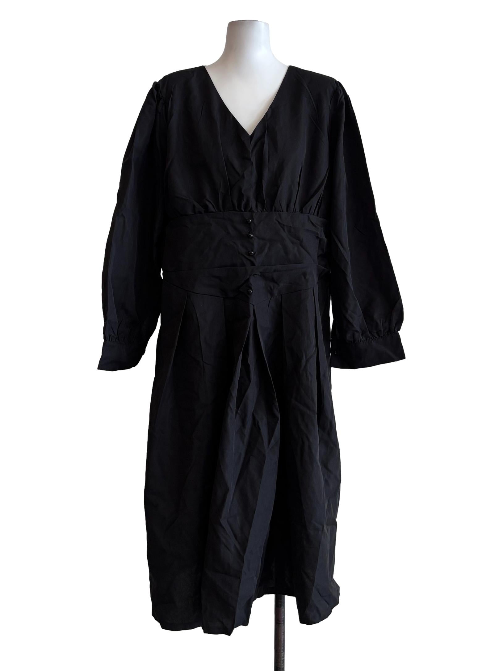 Soft Black Long Sleeve V-Neck Cotton Dress