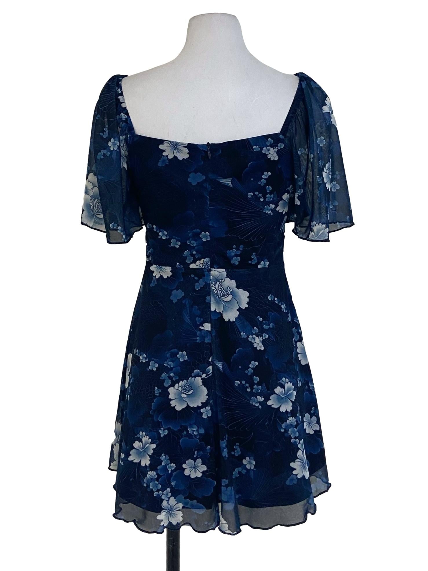 Navy Blue & Floral Mini A-Line Dress