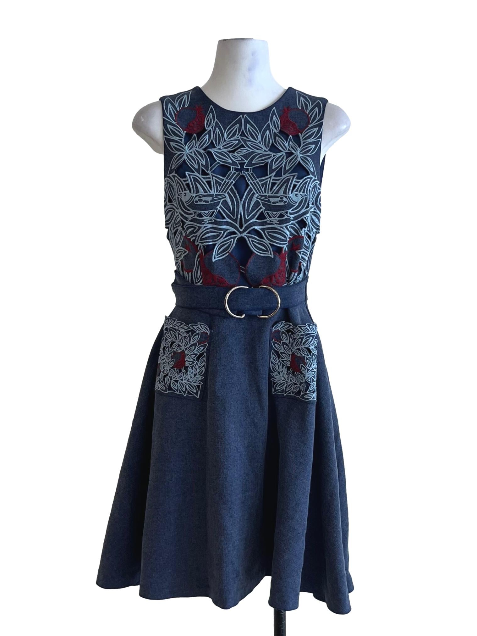 Blue Jewel Neckline A-Line Dress