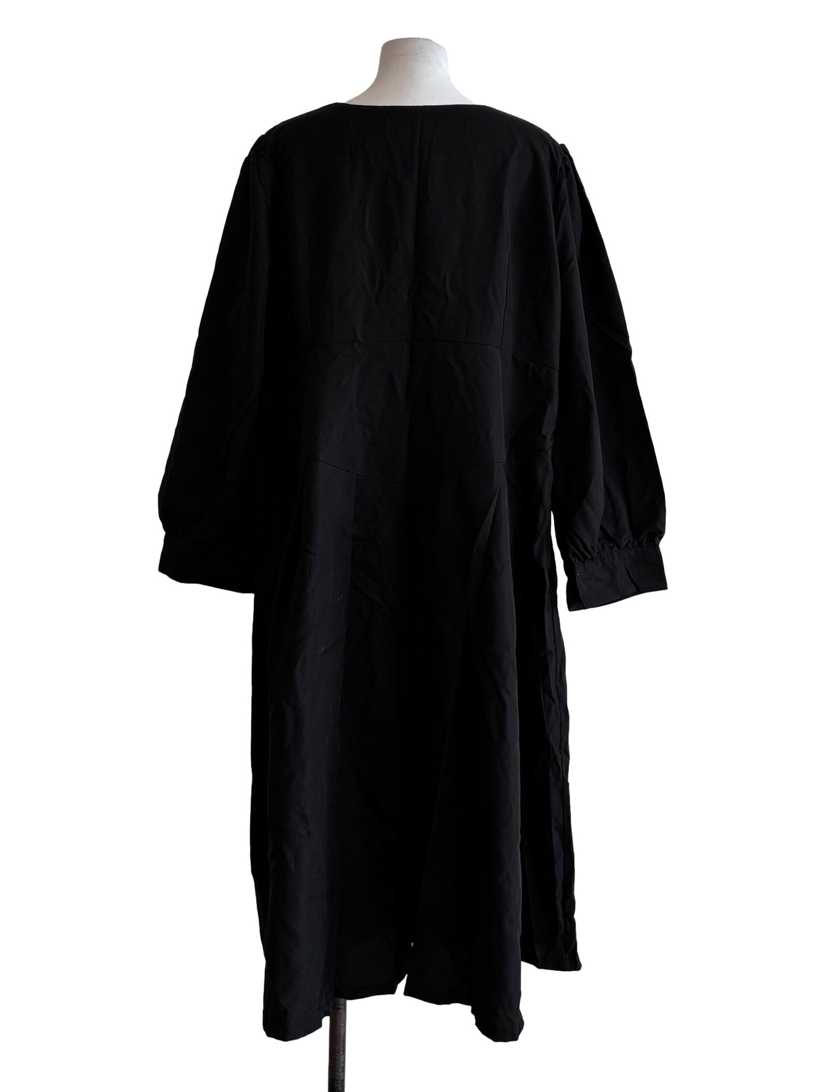 Soft Black Long Sleeve V-Neck Cotton Dress