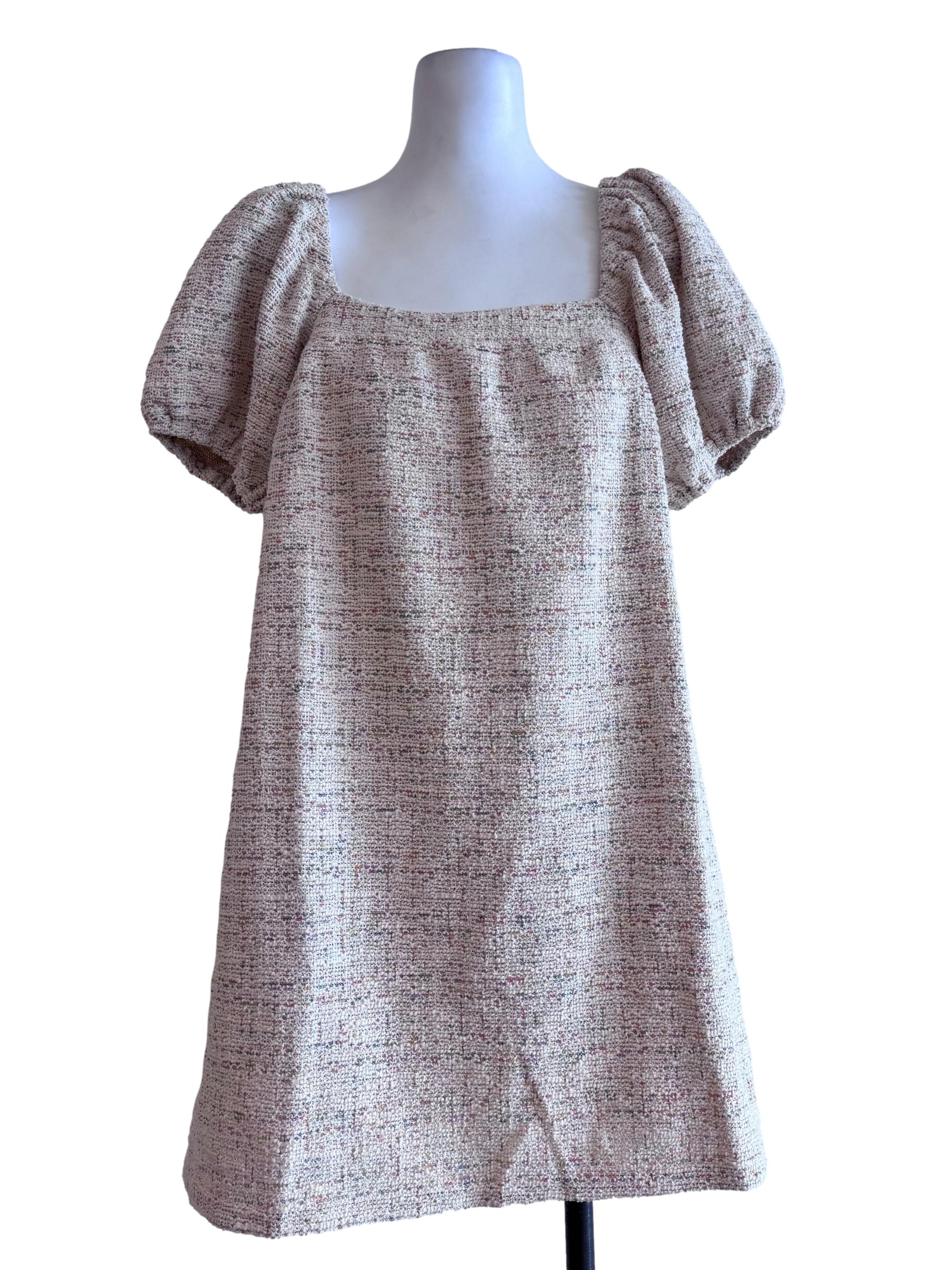 Light Beige Tweed Square Neck Puff Sleeve Dress