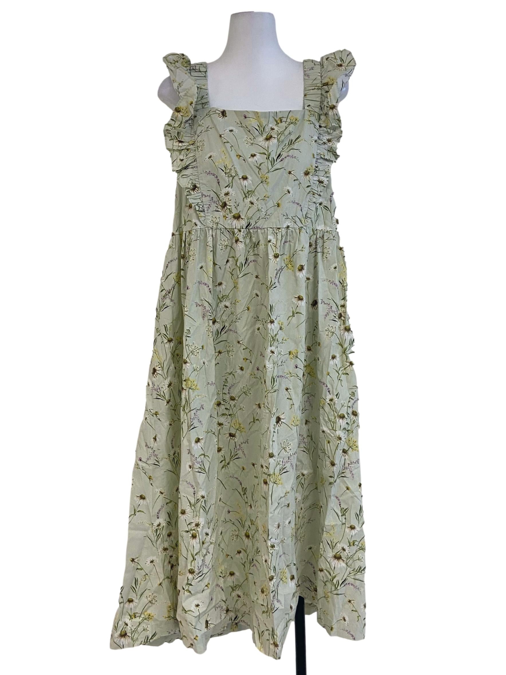 Olive Green Floral Apron Dress
