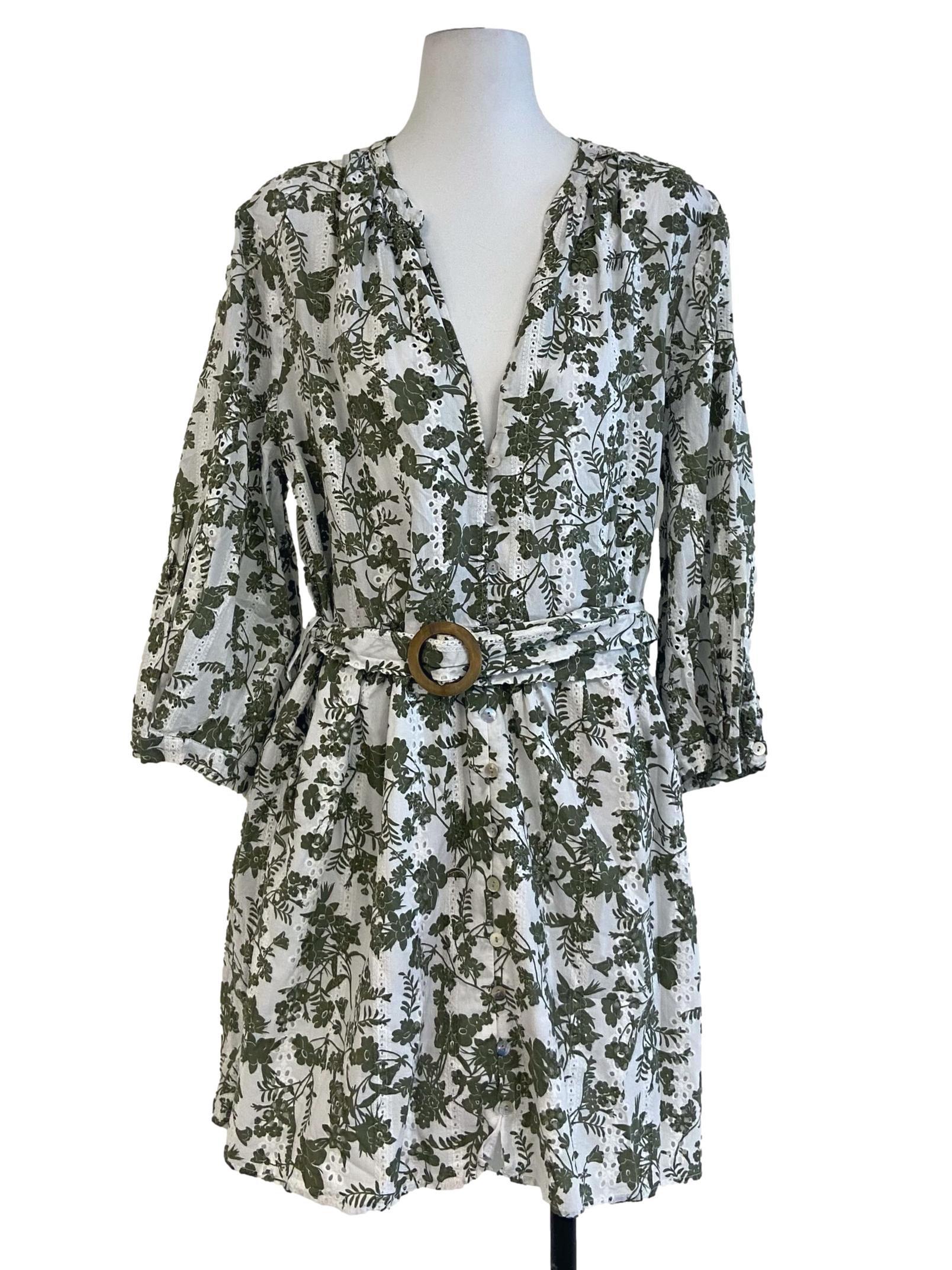 White & Green Floral Embroidery Button Down Shirt Dress