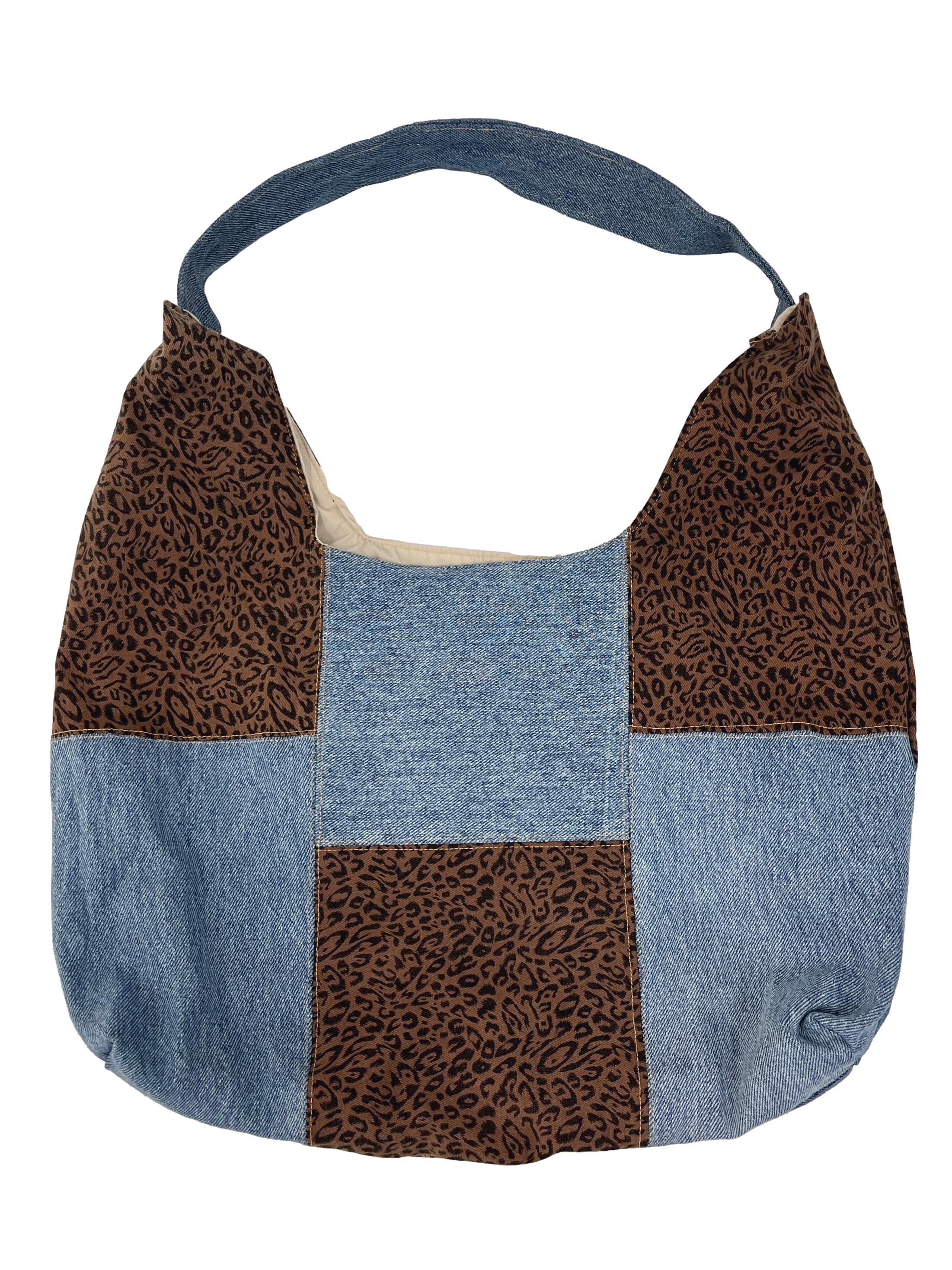 Brown Leopard Print Denim Reworked Shoulder Bag