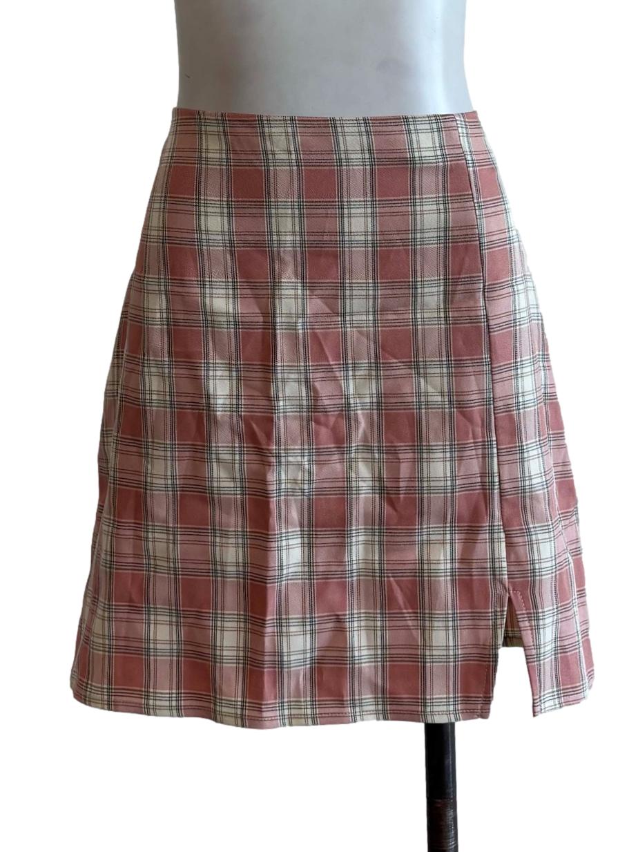 Peach Pink Plaid Mini Skirt