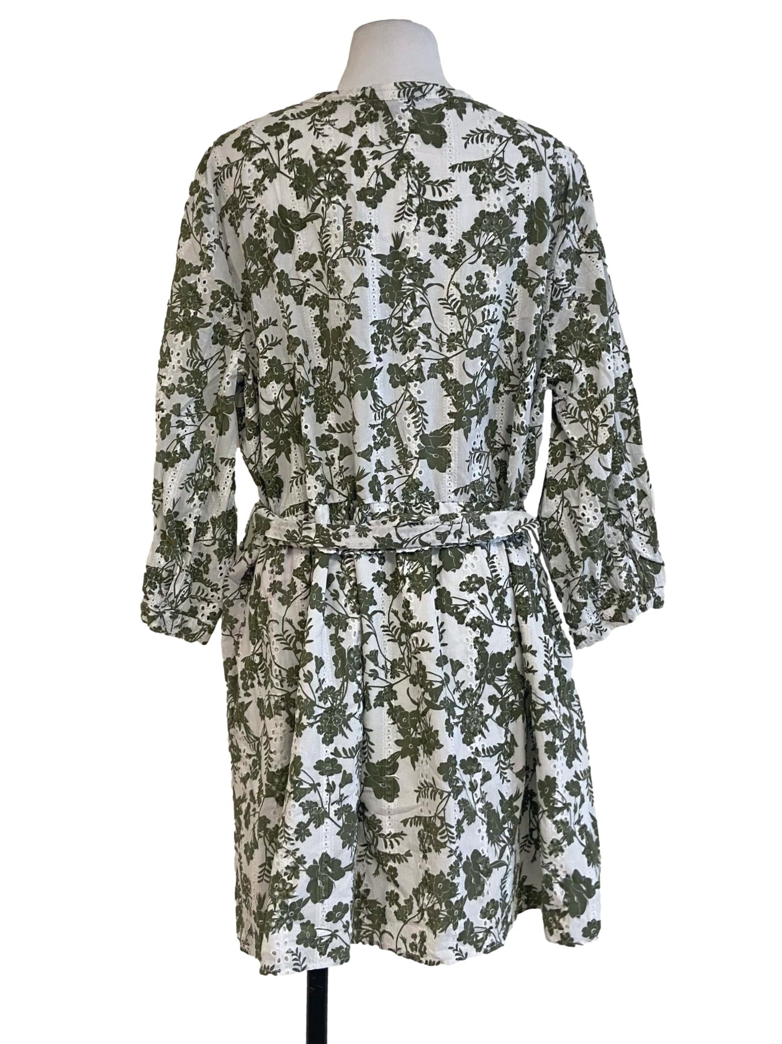 White & Green Floral Embroidery Button Down Shirt Dress