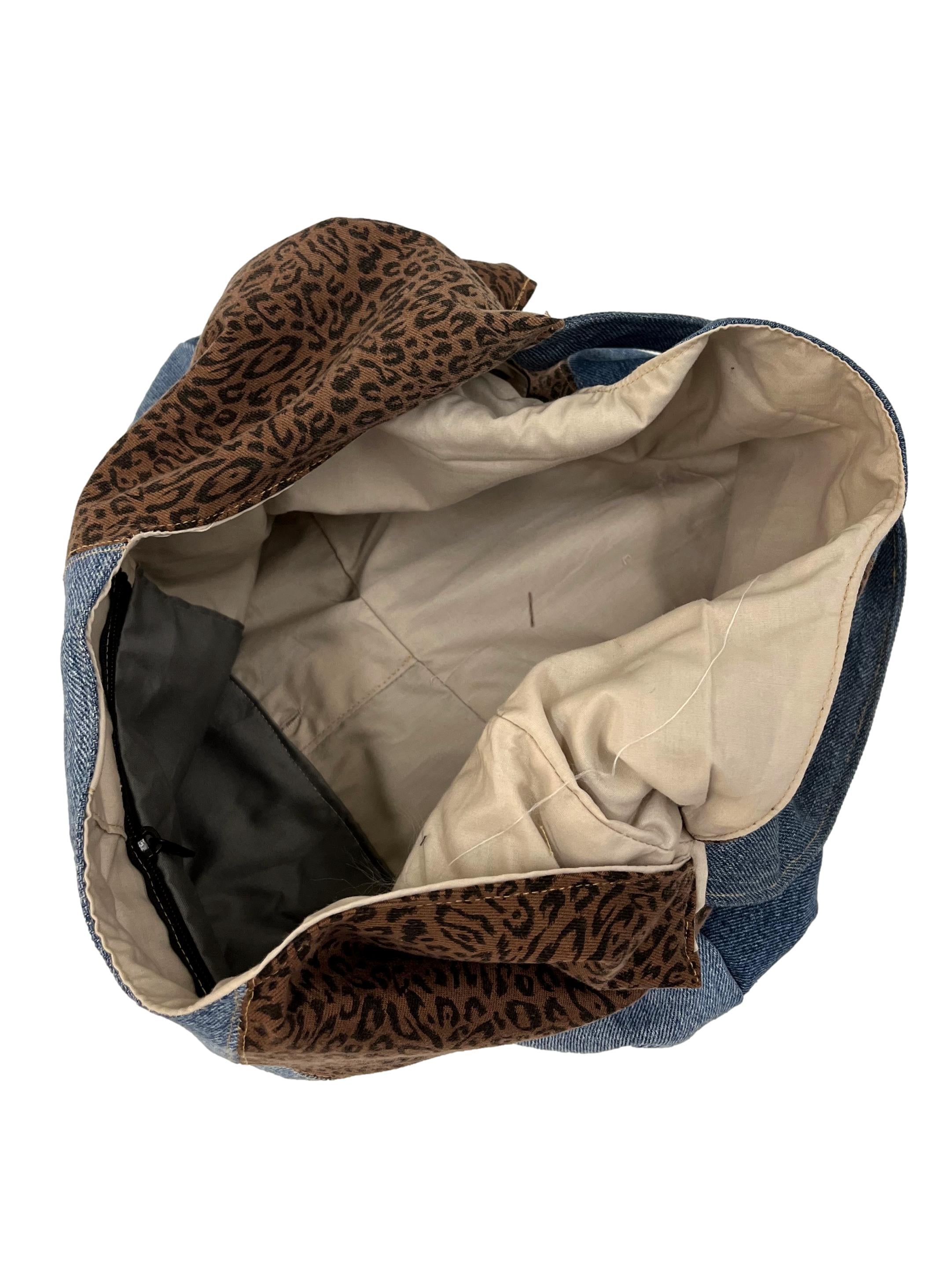 Brown Leopard Print Denim Reworked Shoulder Bag