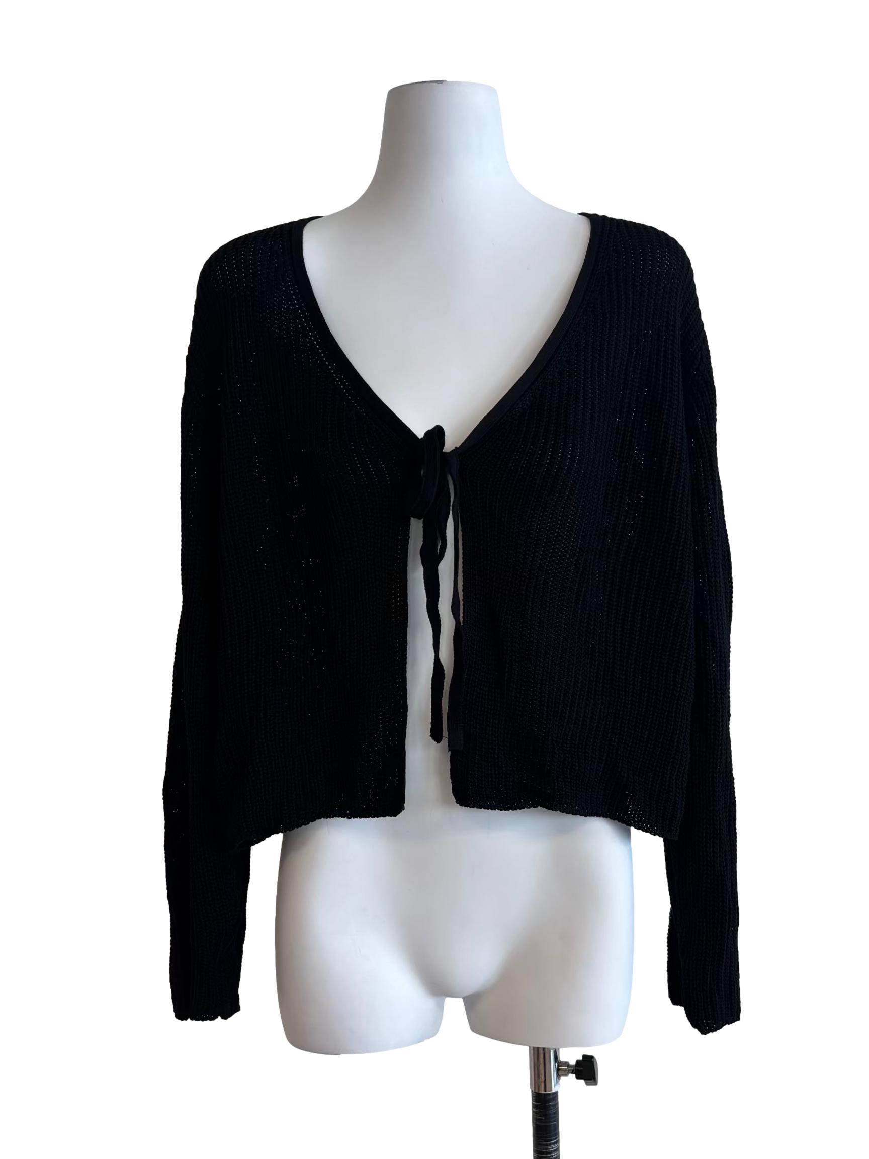 Rich Black Knit Ribbon Cardigan