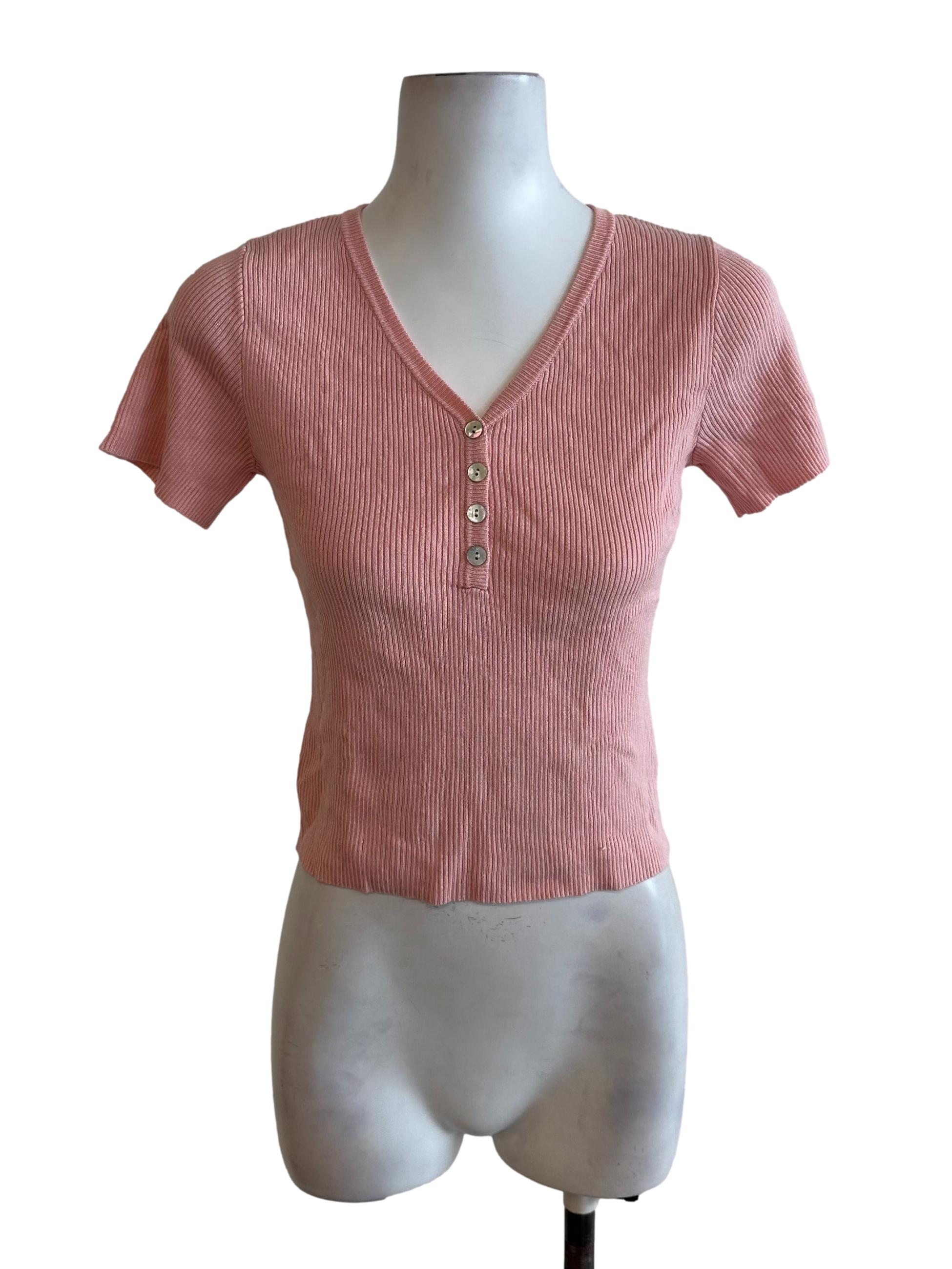Light Pink V Neck Knit Button Top