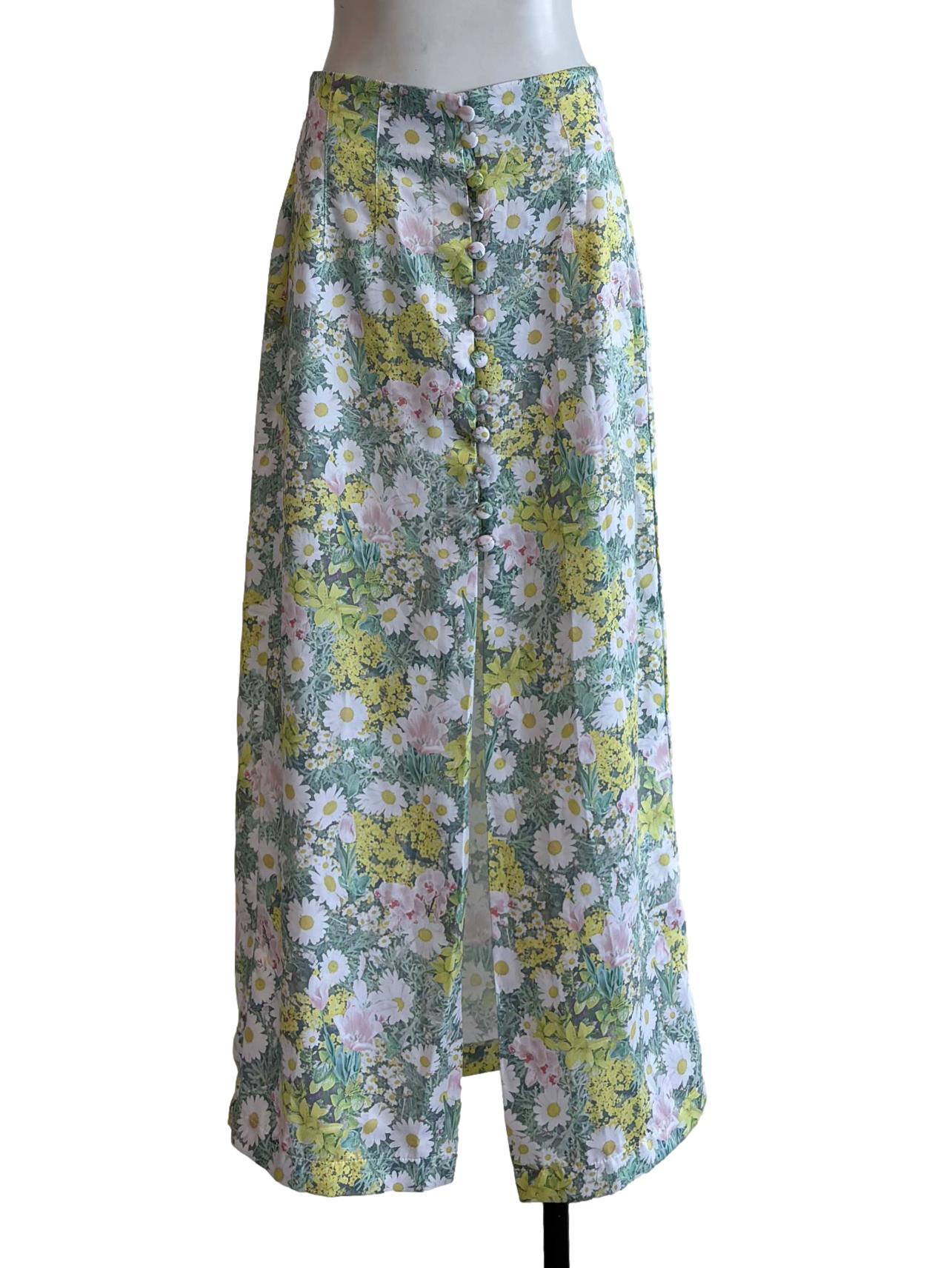 Green Floral Print Satin Skirt
