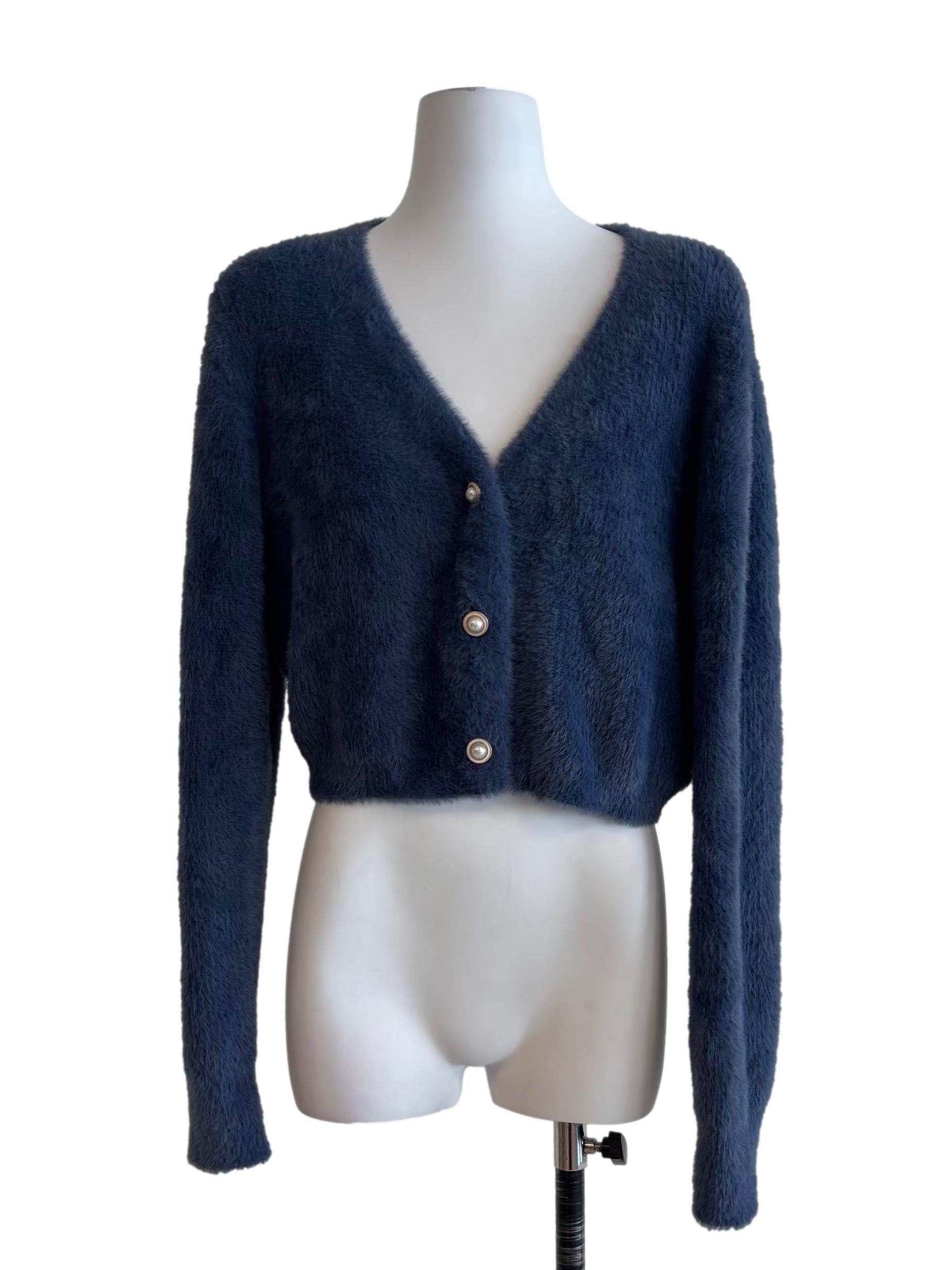 Lapis Blue Buttoned Fuzzy Cardigan
