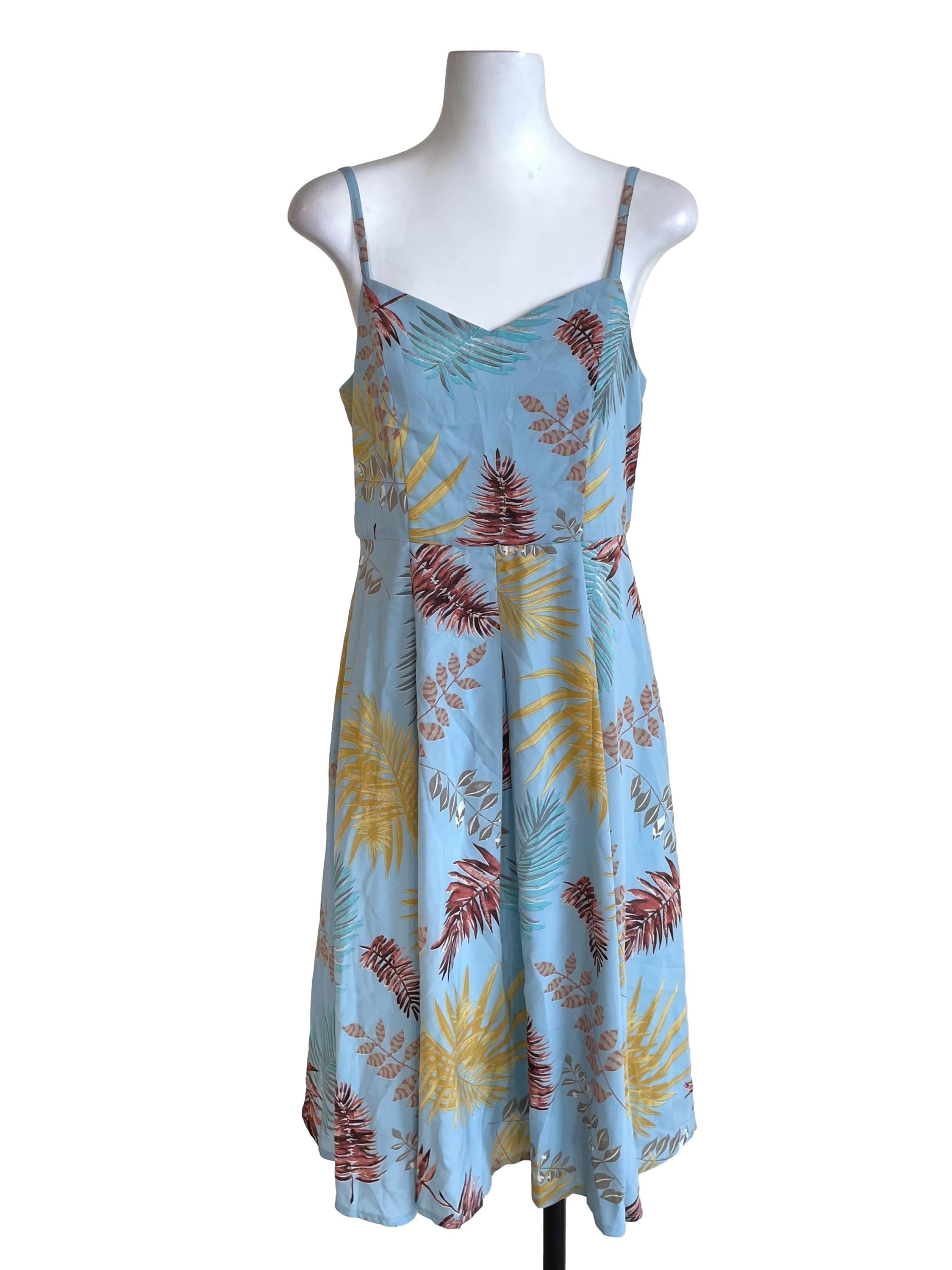 Sky Blue Leaves Print Pleated Dress