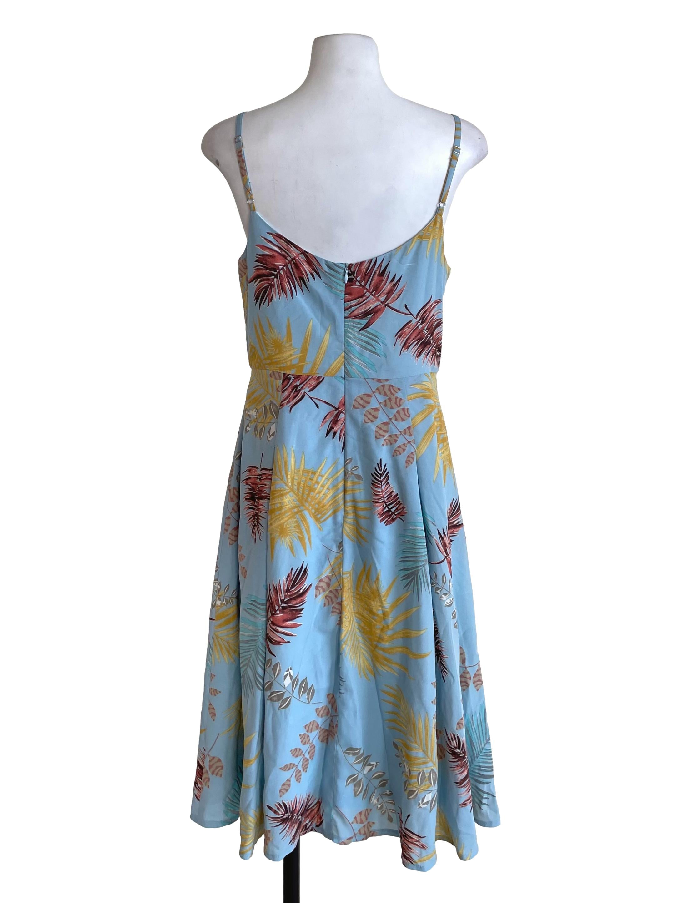 Sky Blue Leaves Print Pleated Dress