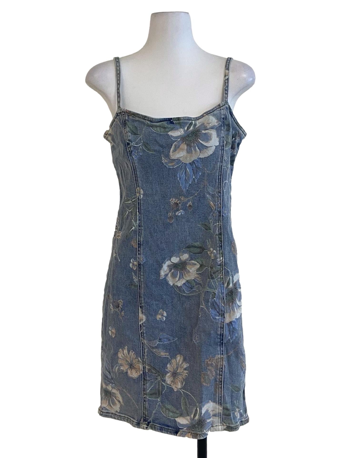 Blue Floral Print Bodycon Denim Dress