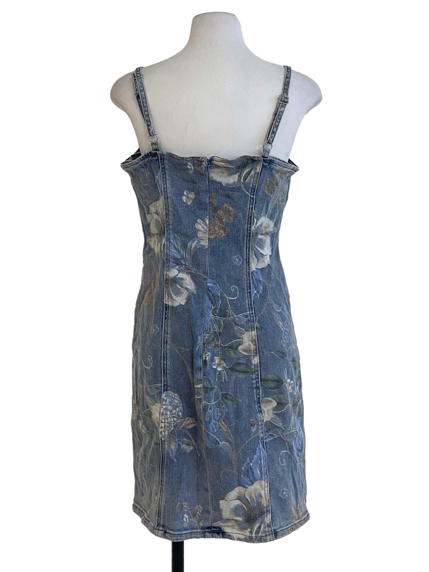 Blue Floral Print Bodycon Denim Dress