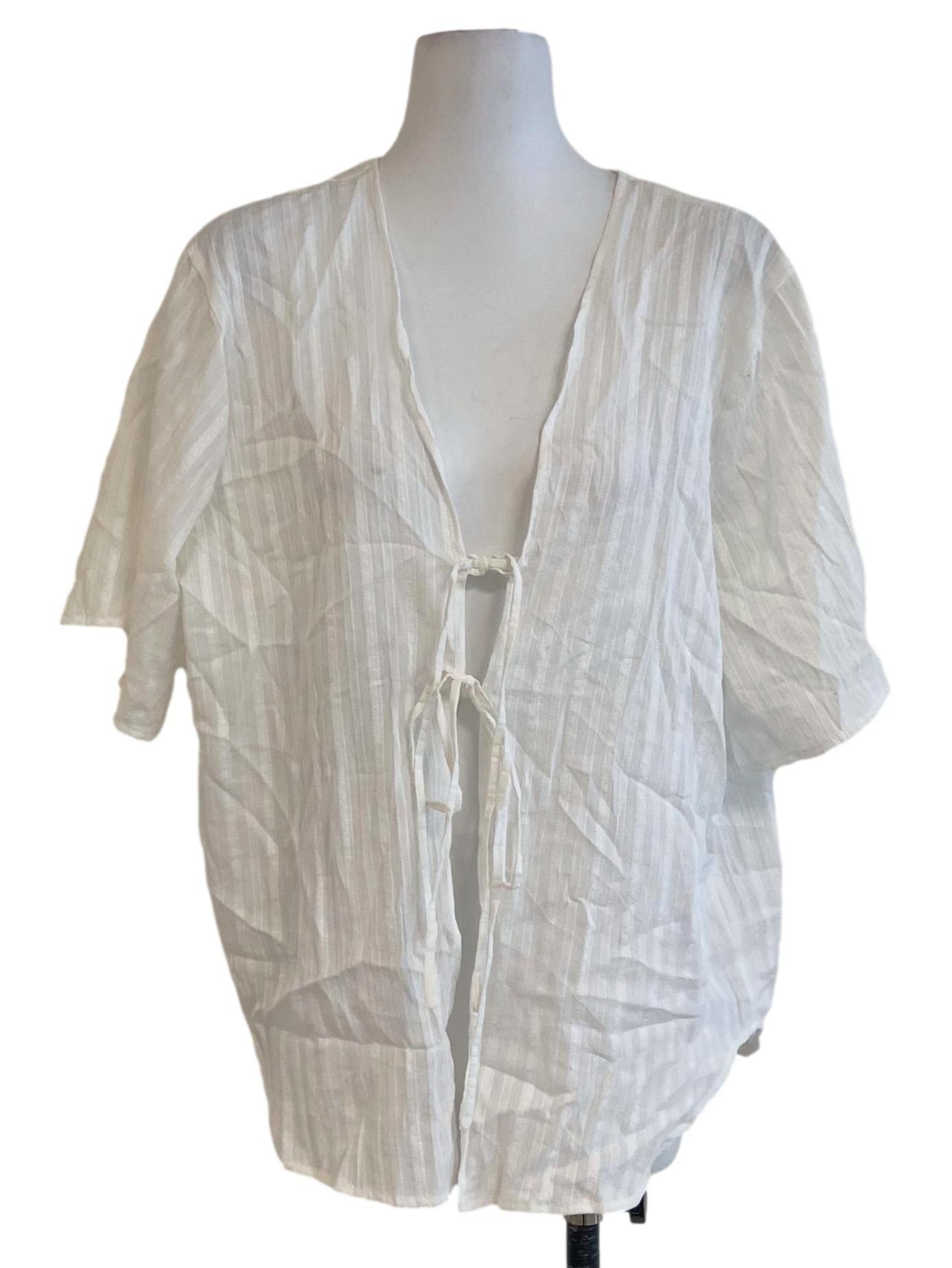 White Stripe Tie Front Sheer Blouse