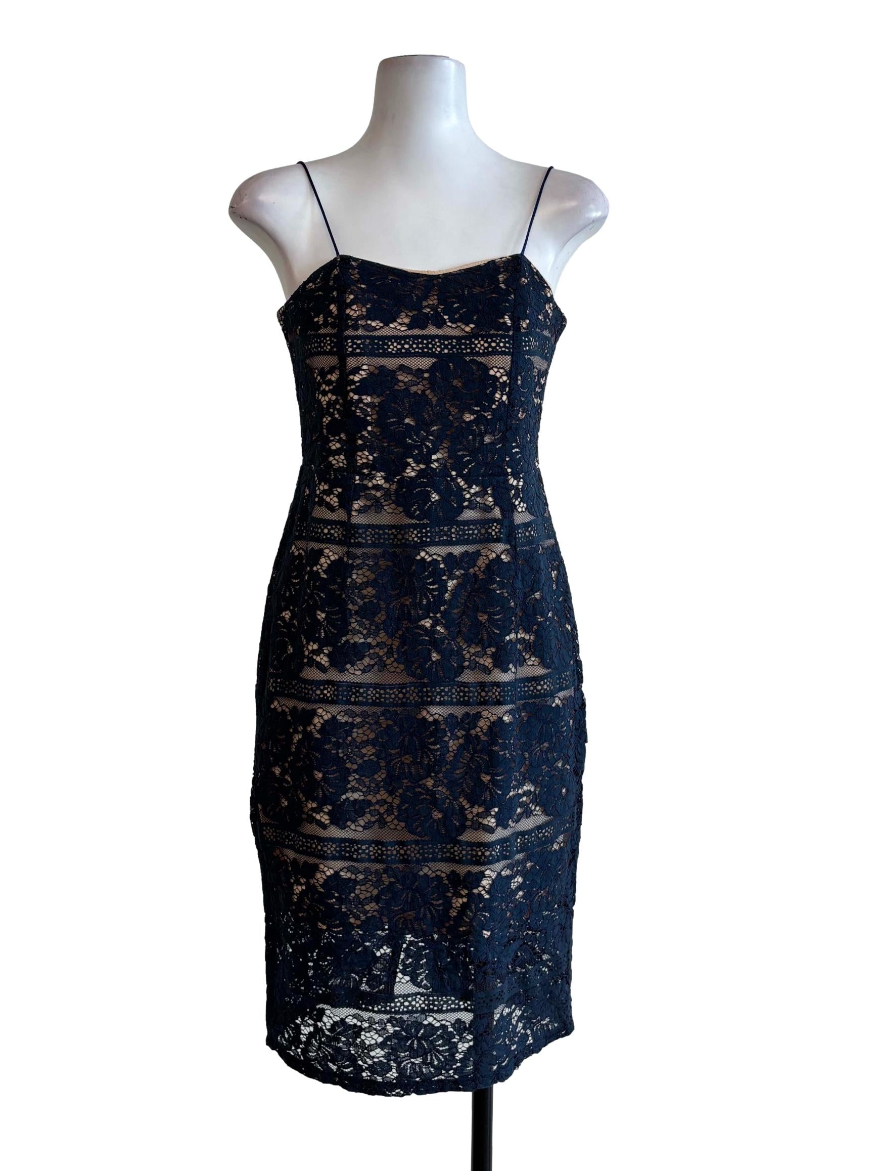 Blue Black Spaghetti Strap Lace Pencil Dress
