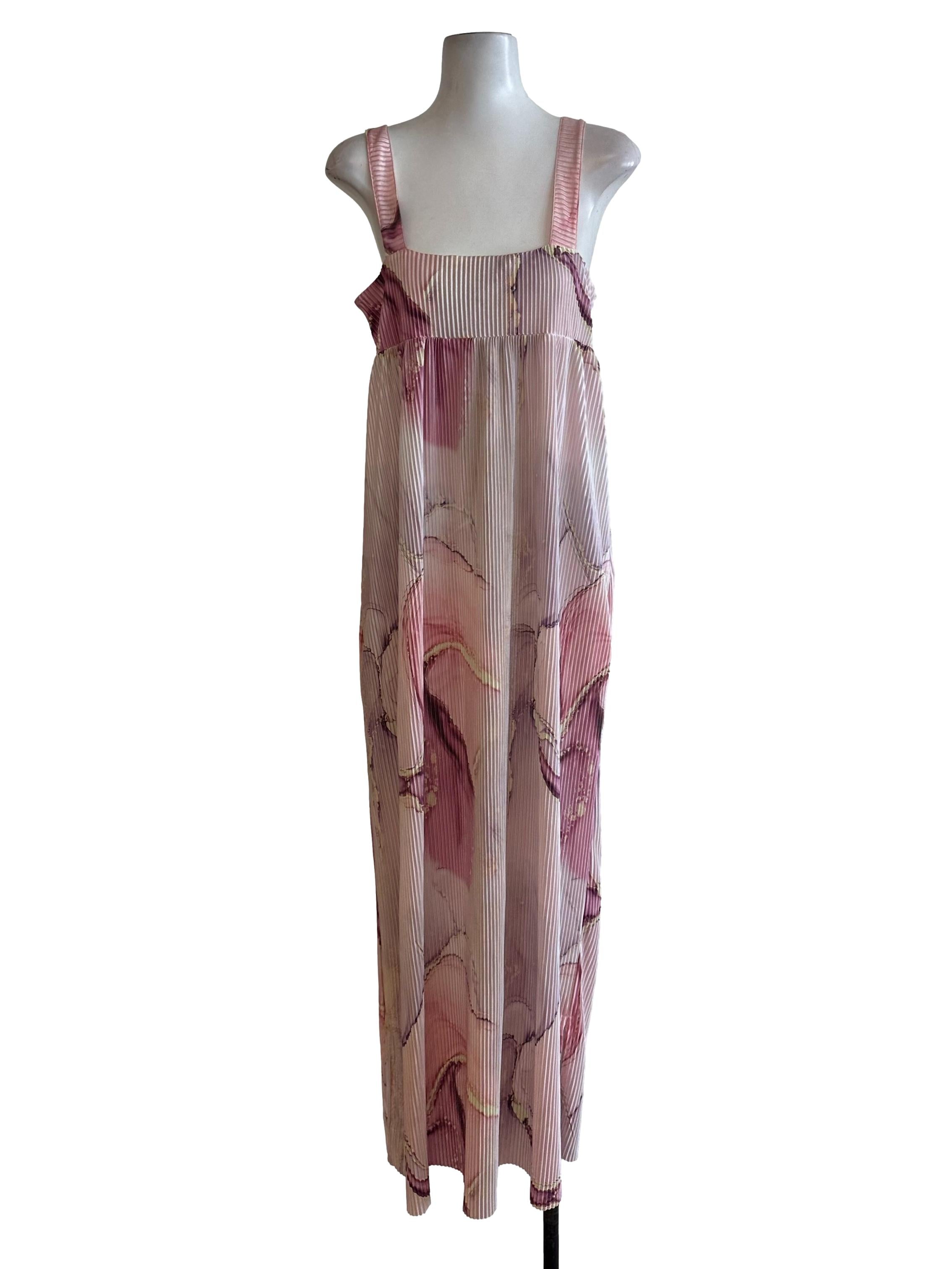 Light Pink Pleated Pattern Square Neck Dress