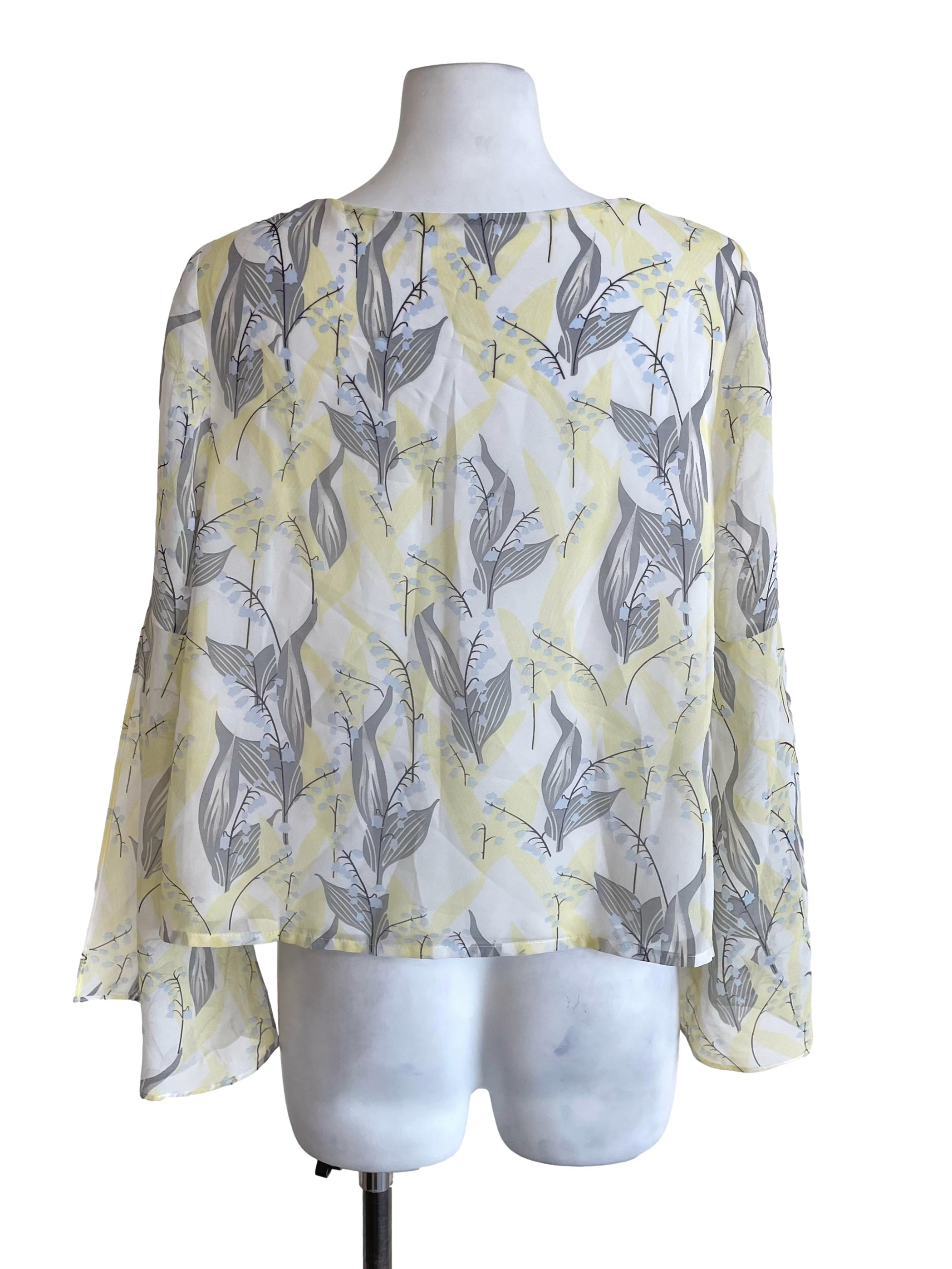 White & Lemon Floral Slit Bell Sleeves Chiffon Top
