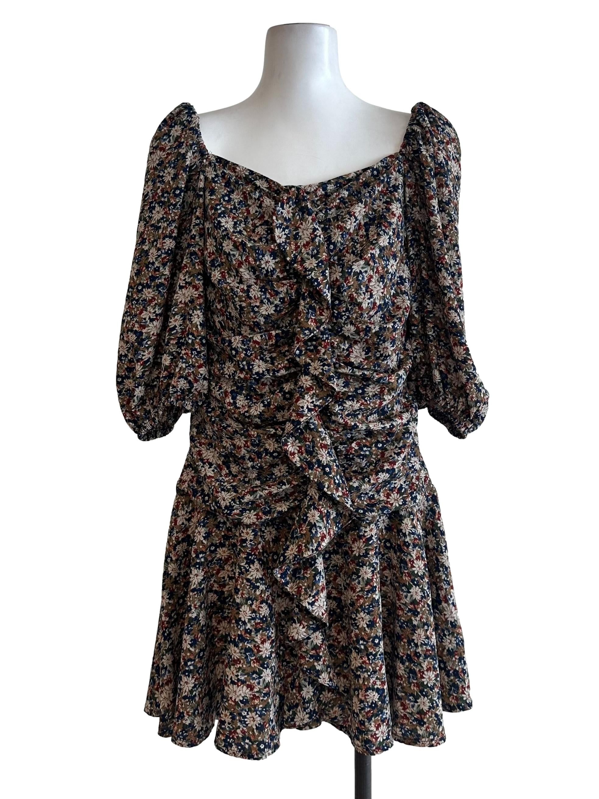 Coffee Brown Floral Pattern Ruffle Drape Dress