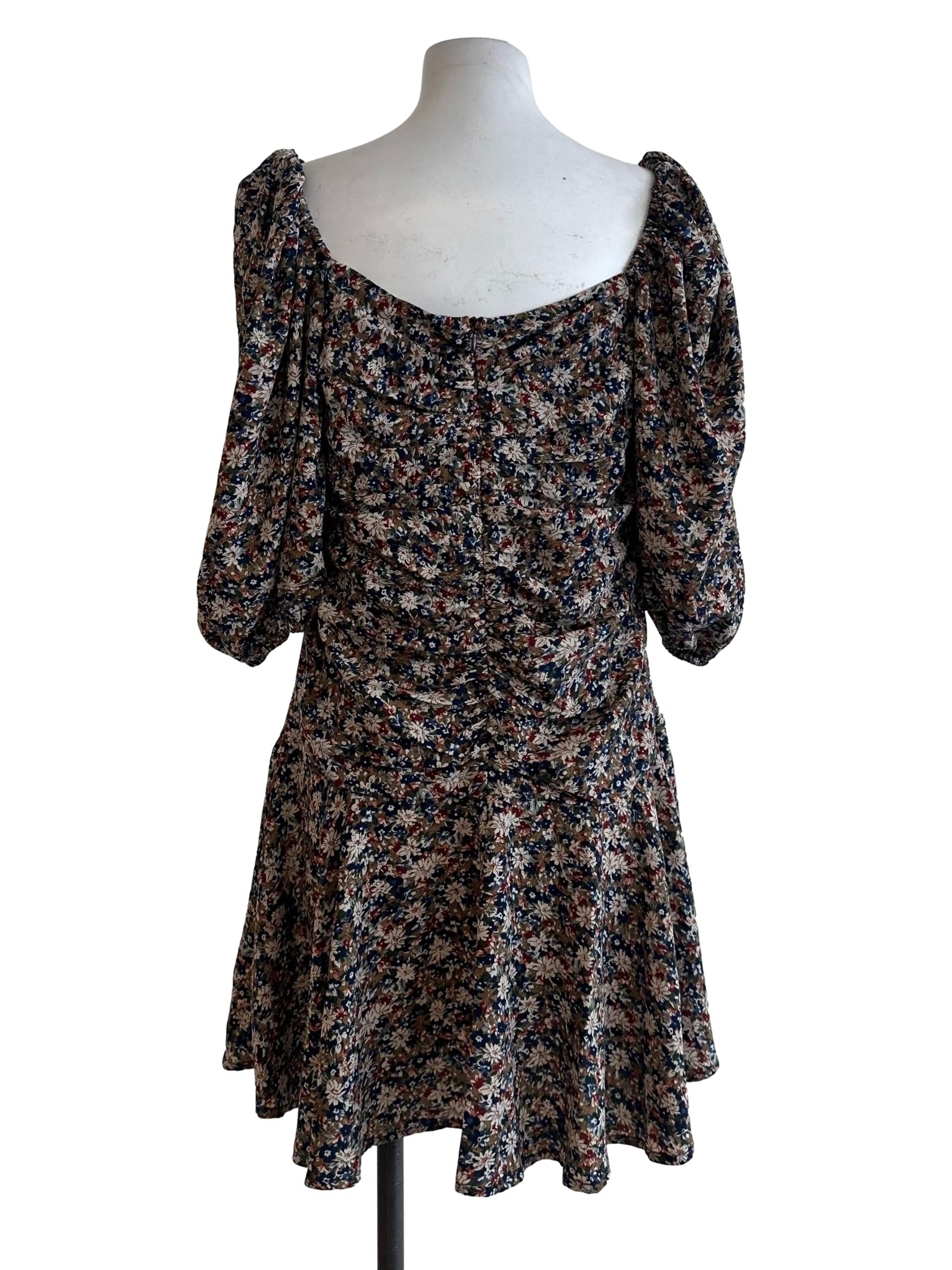 Coffee Brown Floral Pattern Ruffle Drape Dress