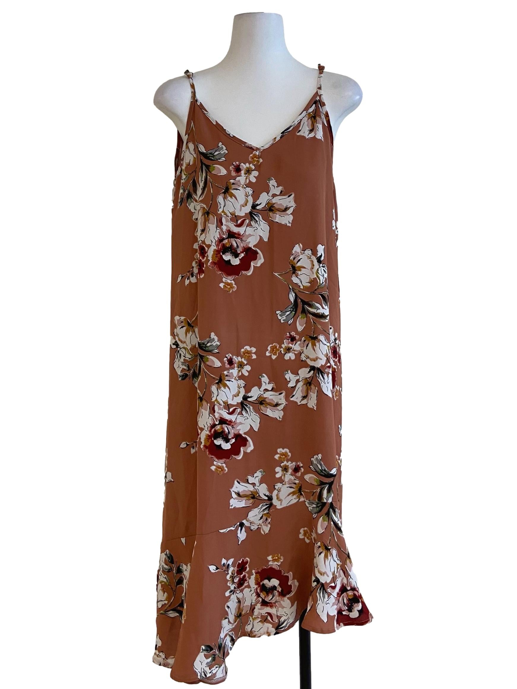 Brown Floral Drop Waist Slip Dress