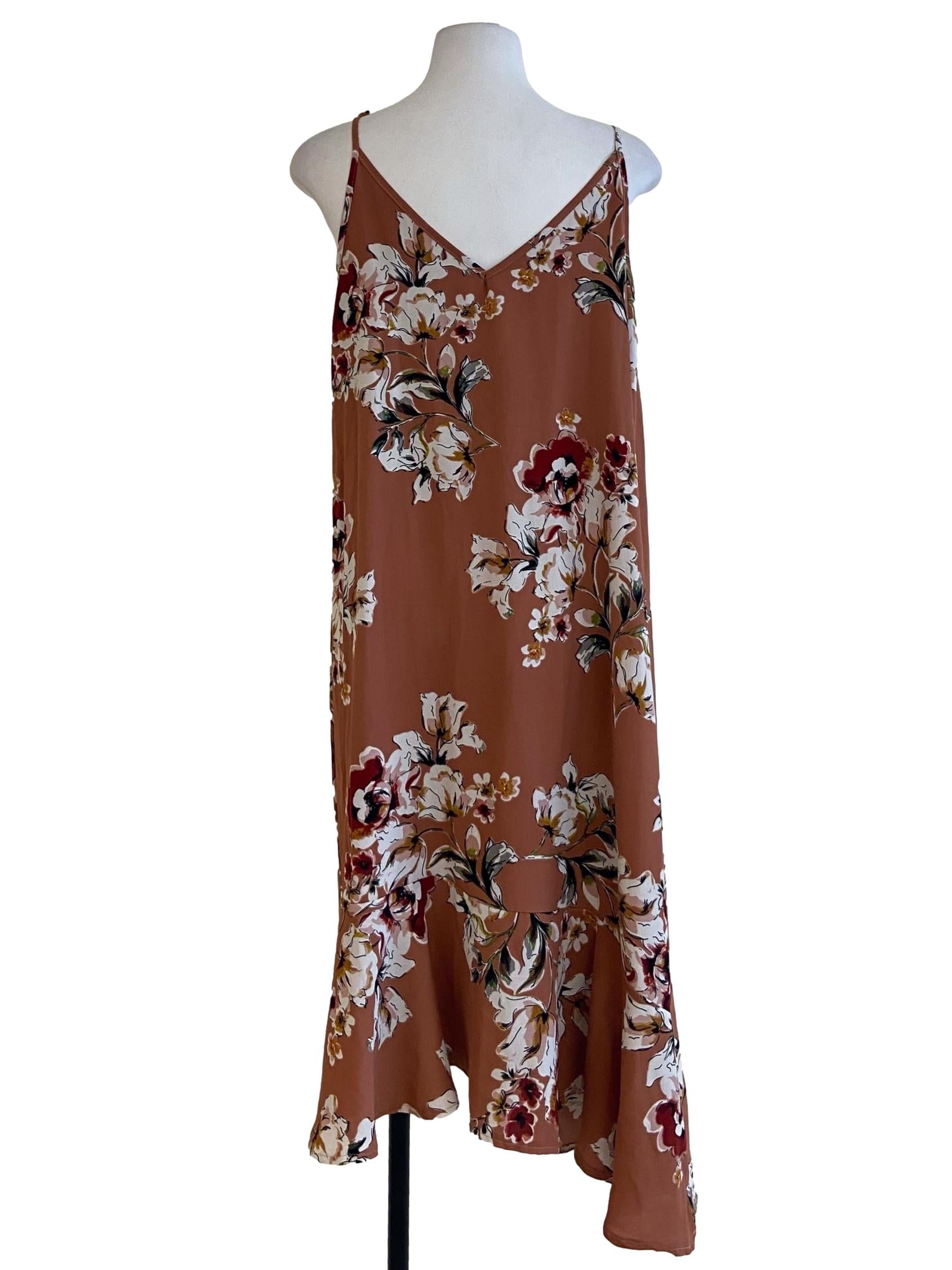 Brown Floral Drop Waist Slip Dress