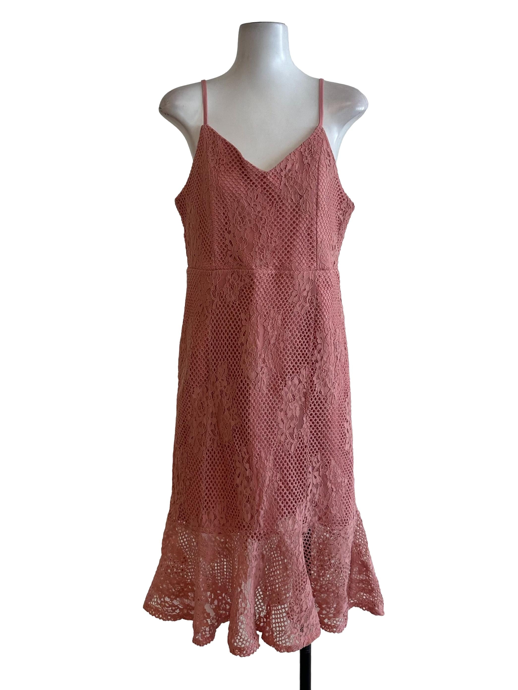 Coral Pink Lace Ruffle V Neck Dress