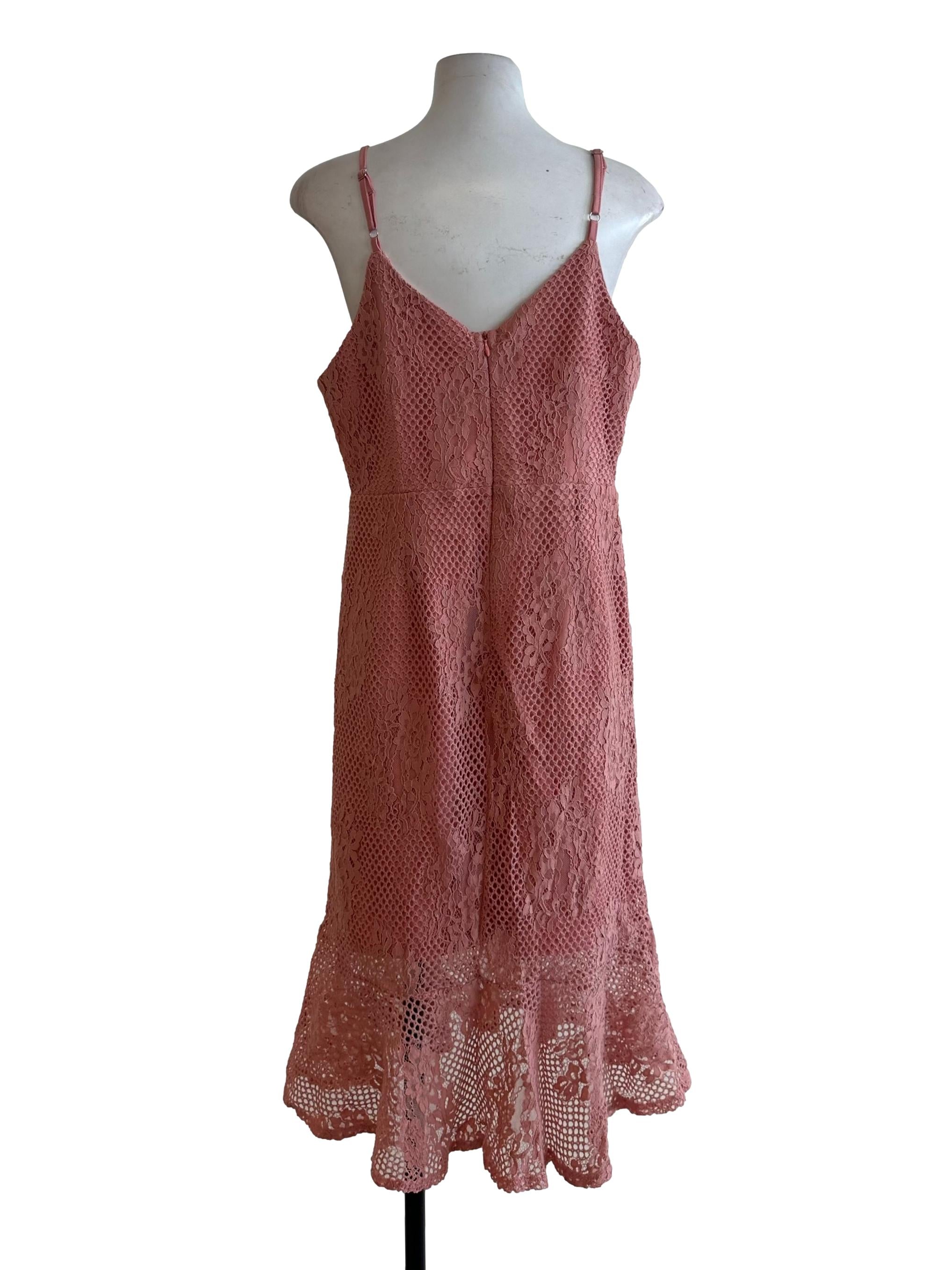 Coral Pink Lace Ruffle V Neck Dress