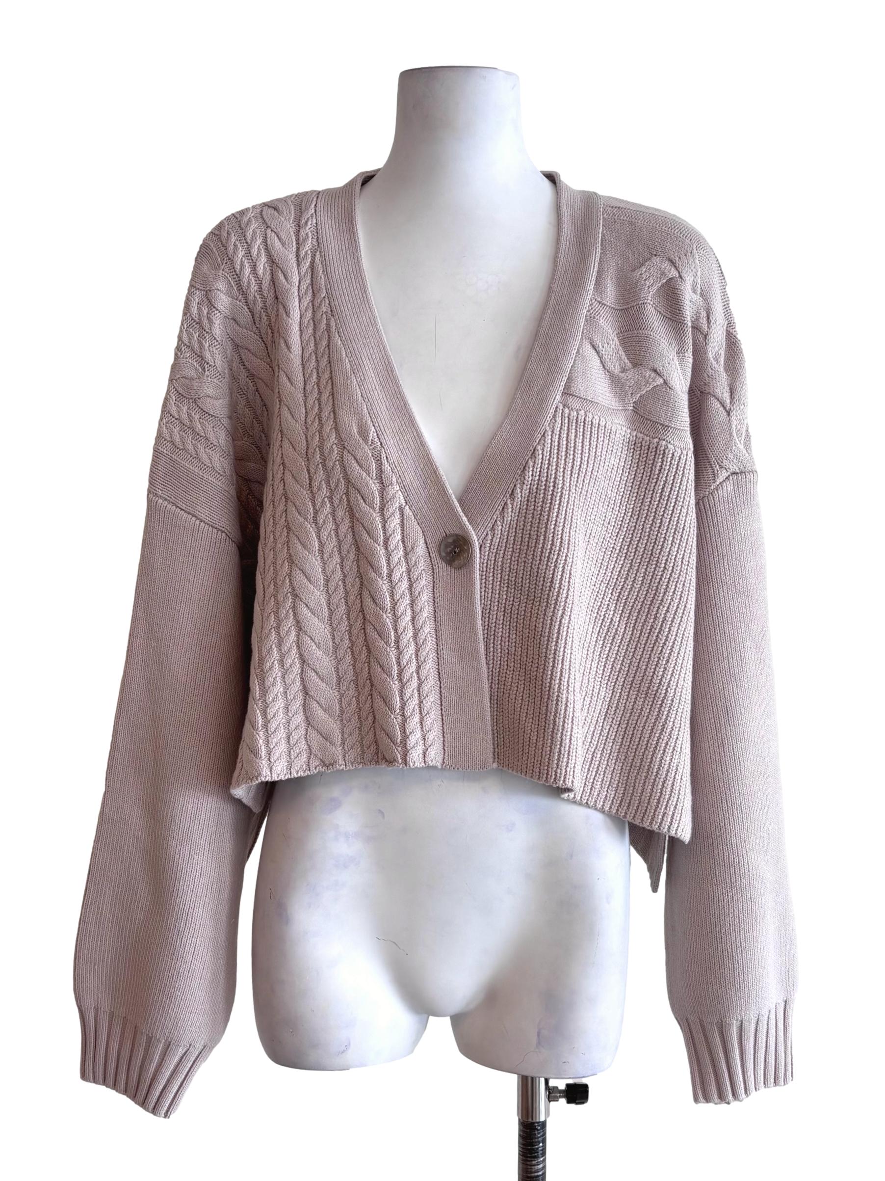 Bone Beige Oversize Knitted Crop Cardigan LB