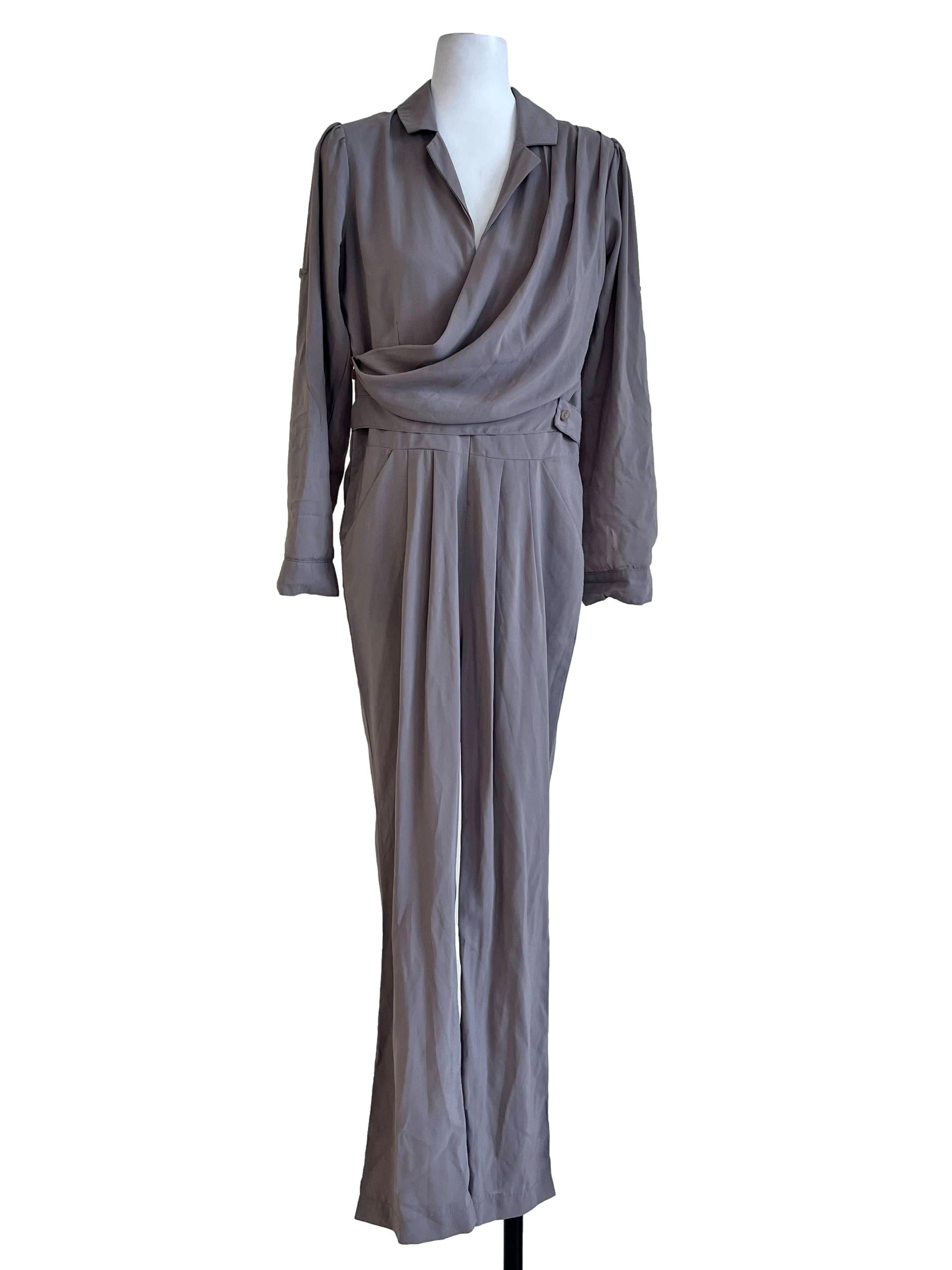 Grey Plain Long Sleeves Jumpsuit