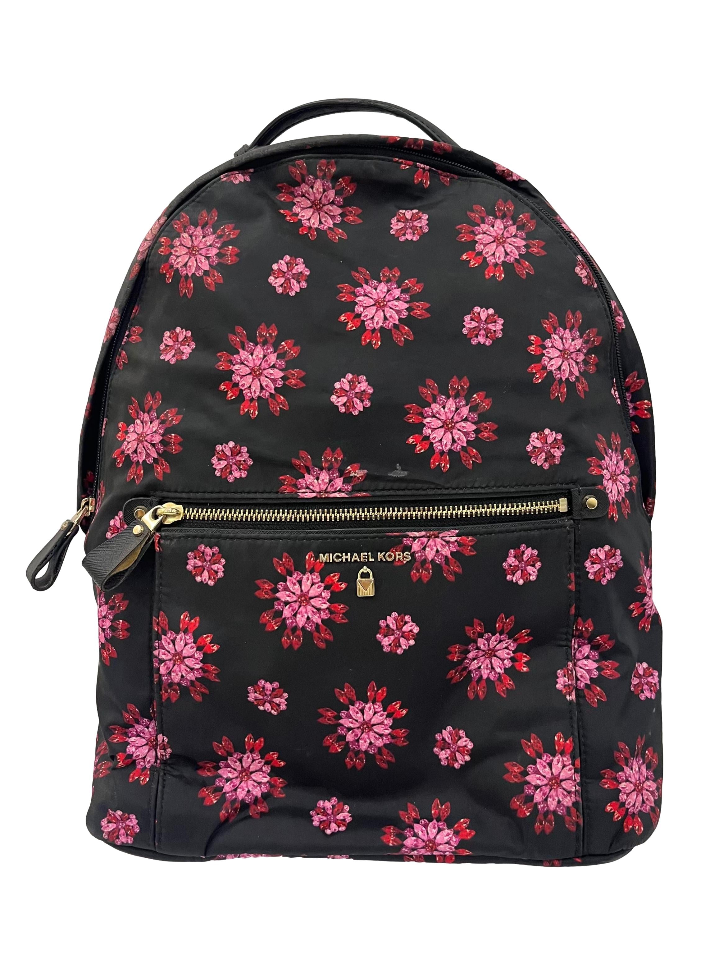 Black Kelsey Ultra Pink Ruby Jewel Floral Large Nylon Backpack