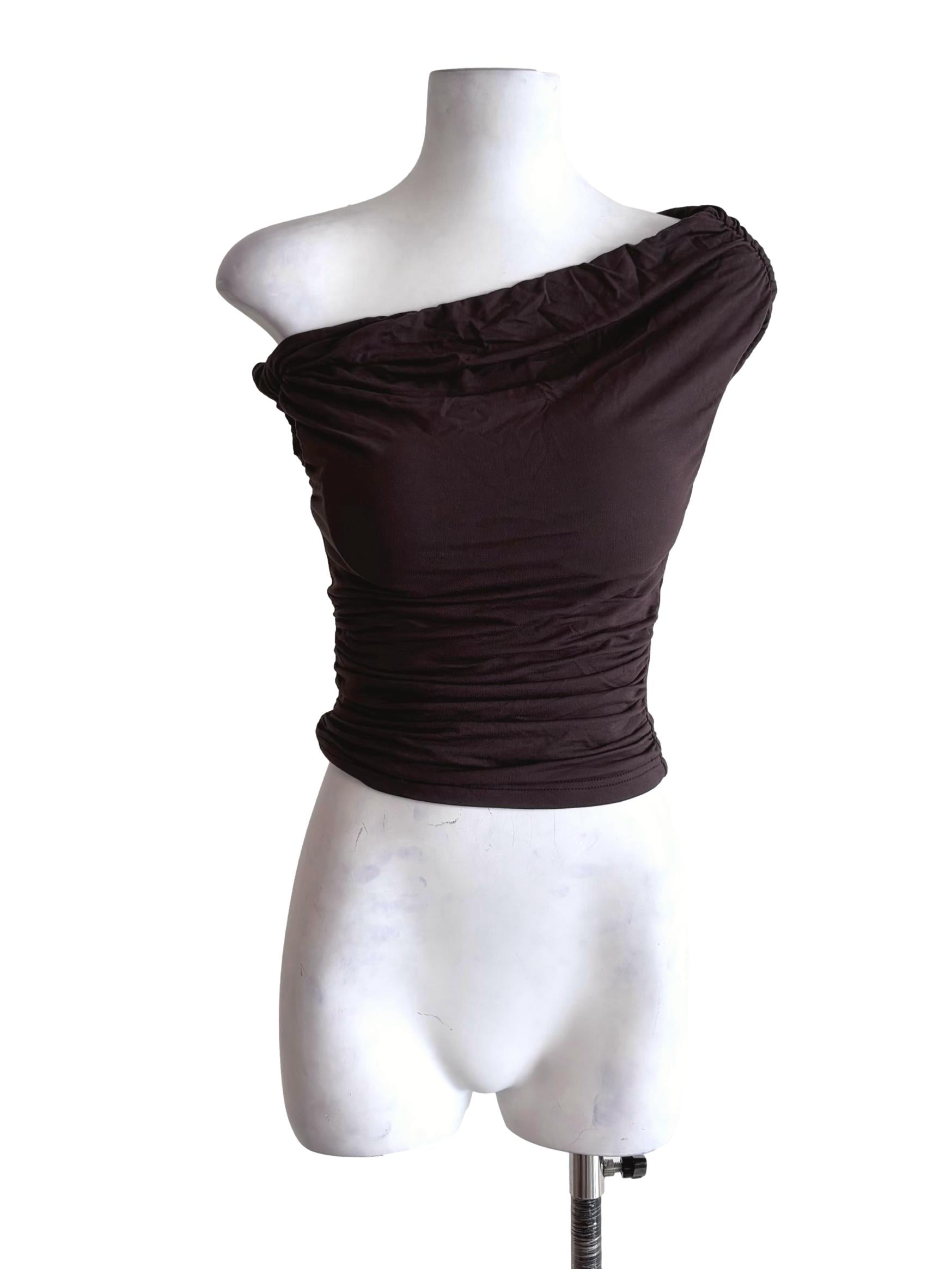 Dark Brown Asymmetric Neck Ruched Top